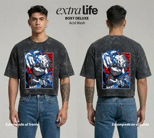 Playera streetwear premium de anime y gaming ExtraLife MX, corte boxy deluxe mineral wash heavyweight en color Acid Wash, moda urbana mexicana de culto.
