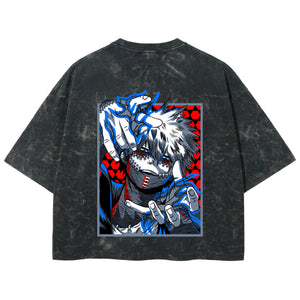 Playera streetwear premium de anime y gaming ExtraLife MX, corte boxy deluxe mineral wash heavyweight en color Acid Wash, moda urbana mexicana de culto.