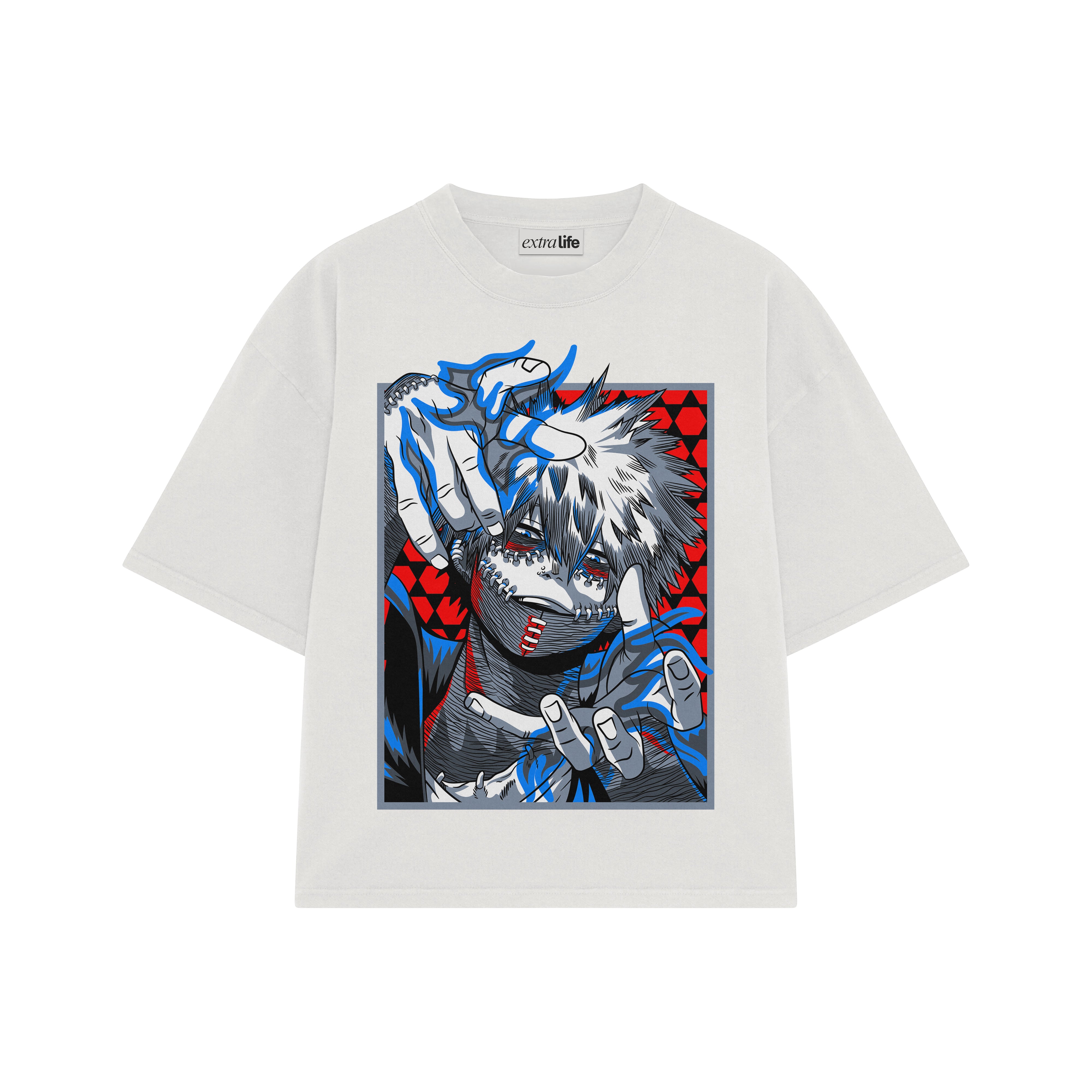 Playera streetwear premium de anime y gaming ExtraLife MX, corte boxy oversized drop shoulder heavyweight en color Deep Black y Off-White, moda urbana mexicana de culto.