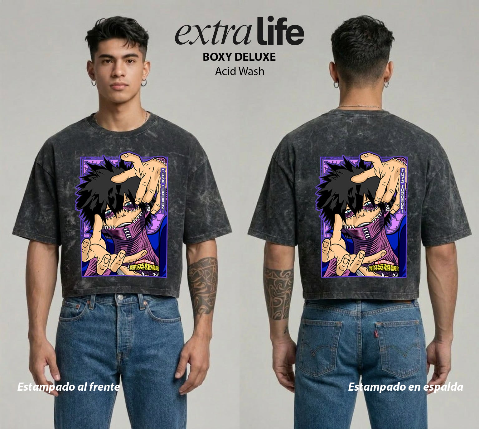 Playera streetwear premium de anime y gaming ExtraLife MX, corte boxy deluxe mineral wash heavyweight en color Acid Wash, moda urbana mexicana de culto.