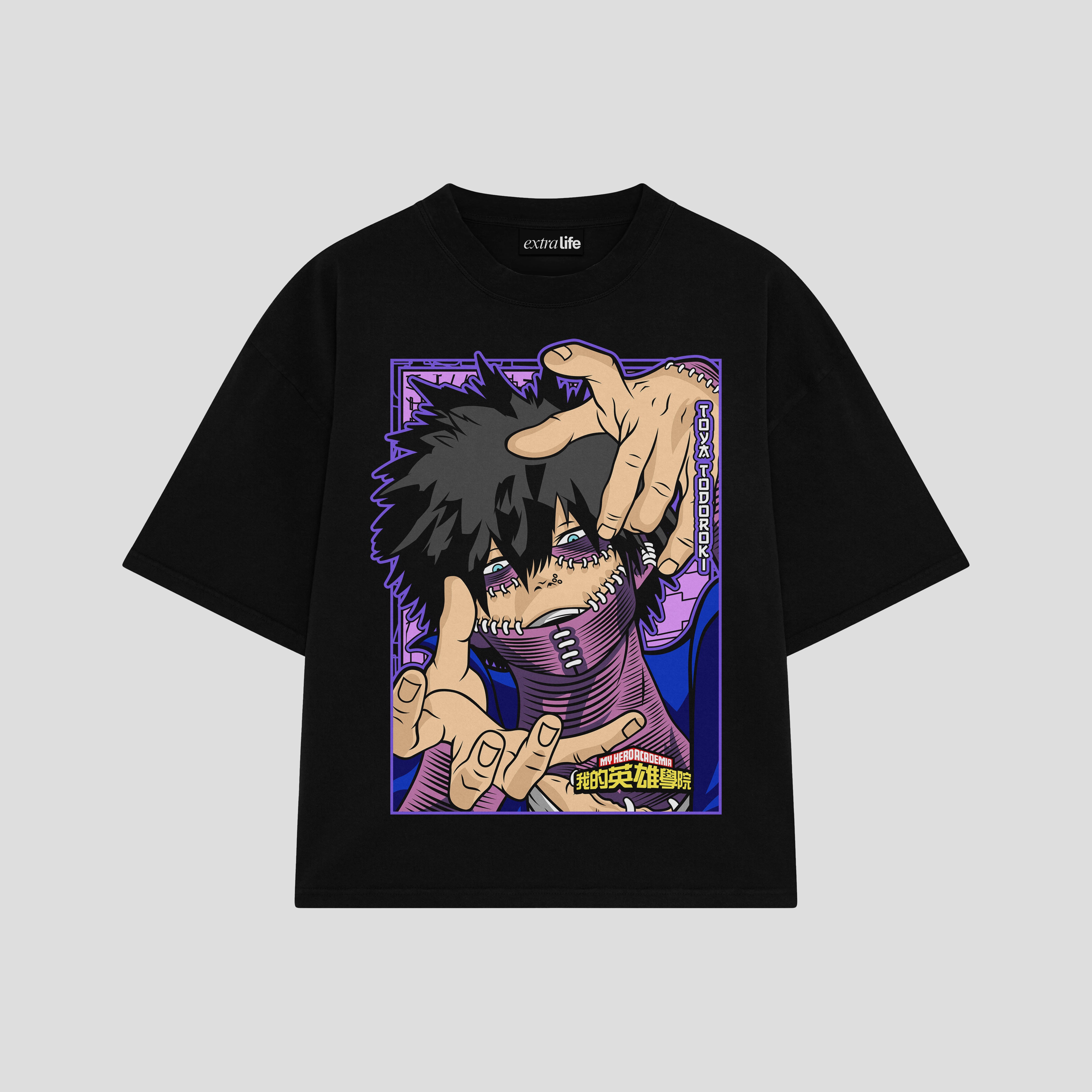 Playera streetwear premium de anime y gaming ExtraLife MX, corte boxy oversized drop shoulder heavyweight en color Deep Black y Off-White, moda urbana mexicana de culto.