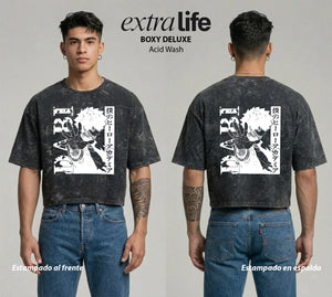 Playera streetwear premium de anime y gaming ExtraLife MX, corte boxy deluxe mineral wash heavyweight en color Acid Wash, moda urbana mexicana de culto.