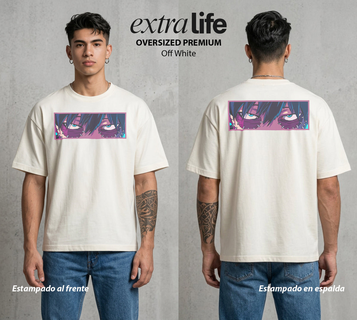La Academia de Heroes | El Fuego del Clan #02488 - Playera Oversized Premium | Off White - Foto en modelo