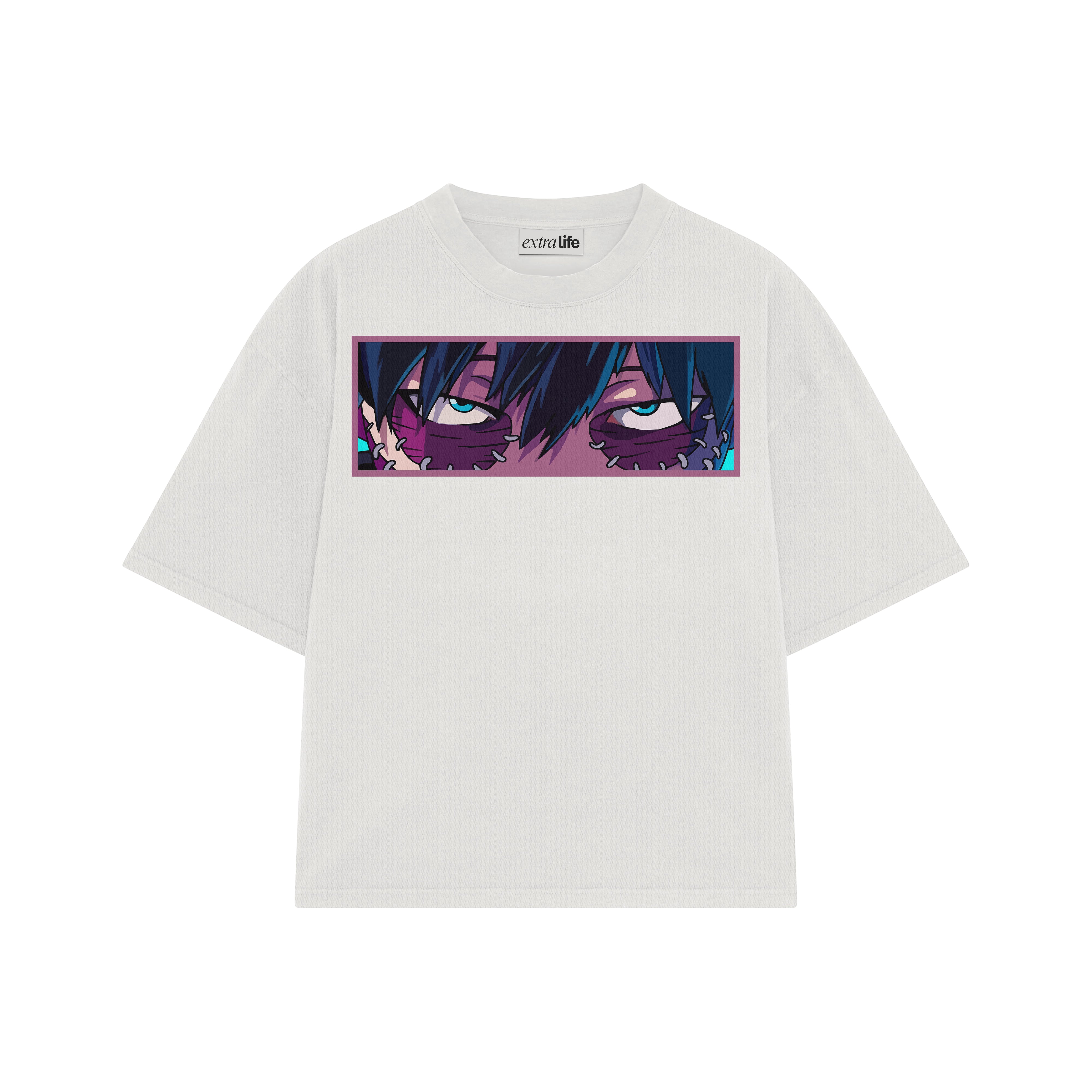 Playera streetwear premium de anime y gaming ExtraLife MX, corte boxy oversized drop shoulder heavyweight en color Deep Black y Off-White, moda urbana mexicana de culto.