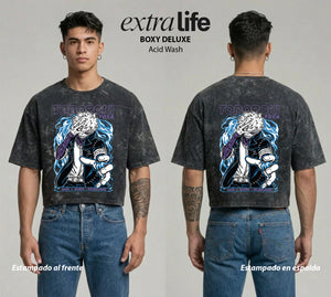 Playera streetwear premium de anime y gaming ExtraLife MX, corte boxy deluxe mineral wash heavyweight en color Acid Wash, moda urbana mexicana de culto.