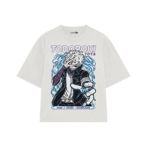 Playera streetwear premium de anime y gaming ExtraLife MX, corte boxy oversized drop shoulder heavyweight en color Deep Black y Off-White, moda urbana mexicana de culto.