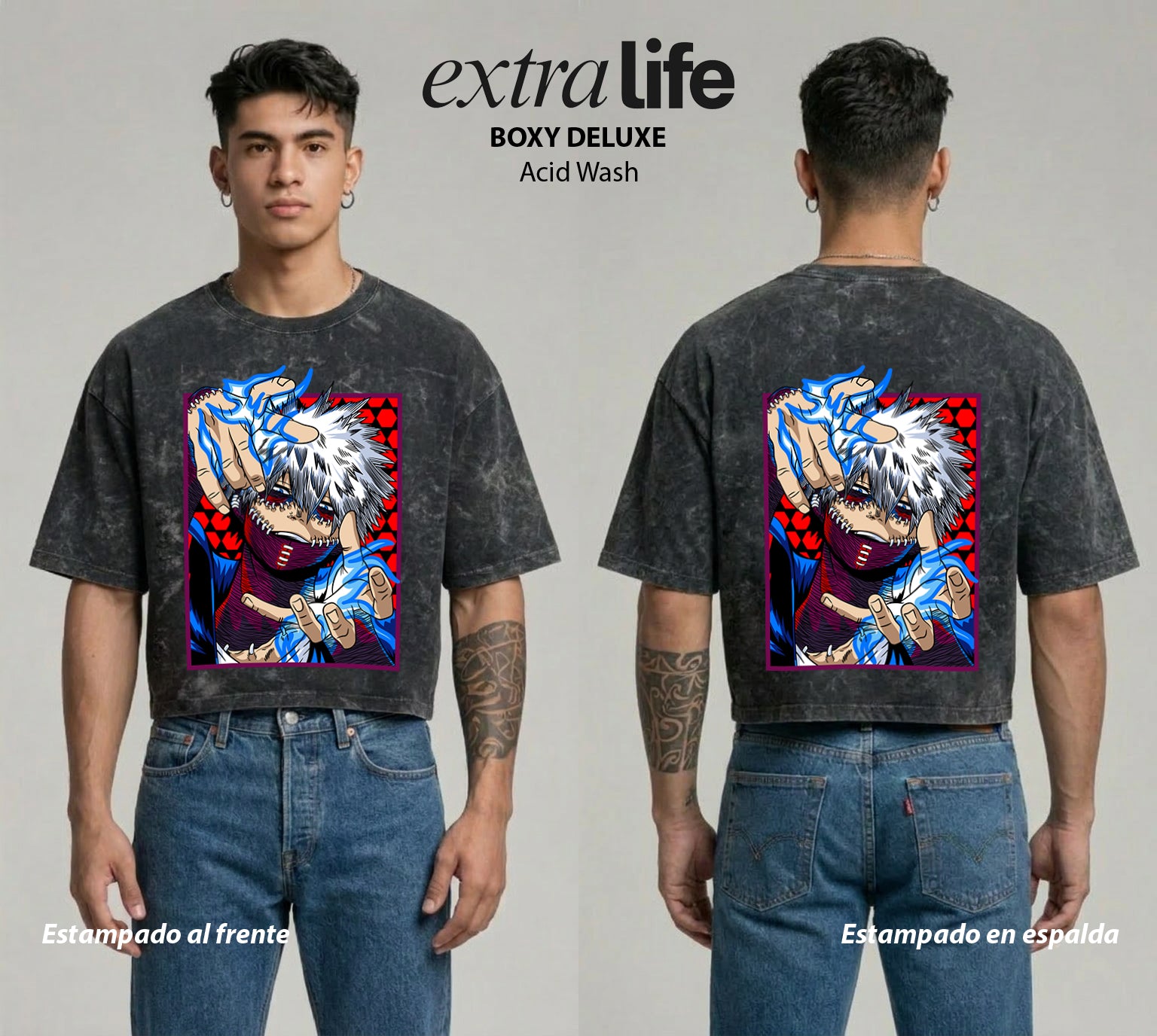 Playera streetwear premium de anime y gaming ExtraLife MX, corte boxy deluxe mineral wash heavyweight en color Acid Wash, moda urbana mexicana de culto.