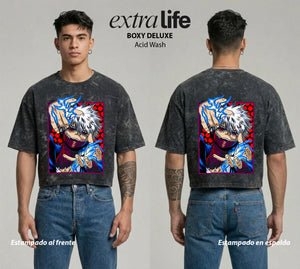Playera streetwear premium de anime y gaming ExtraLife MX, corte boxy deluxe mineral wash heavyweight en color Acid Wash, moda urbana mexicana de culto.