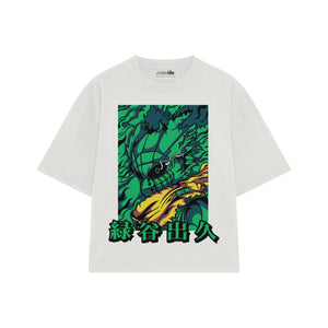 Playera streetwear premium de anime y gaming ExtraLife MX, corte boxy oversized drop shoulder heavyweight en color Deep Black y Off-White, moda urbana mexicana de culto.