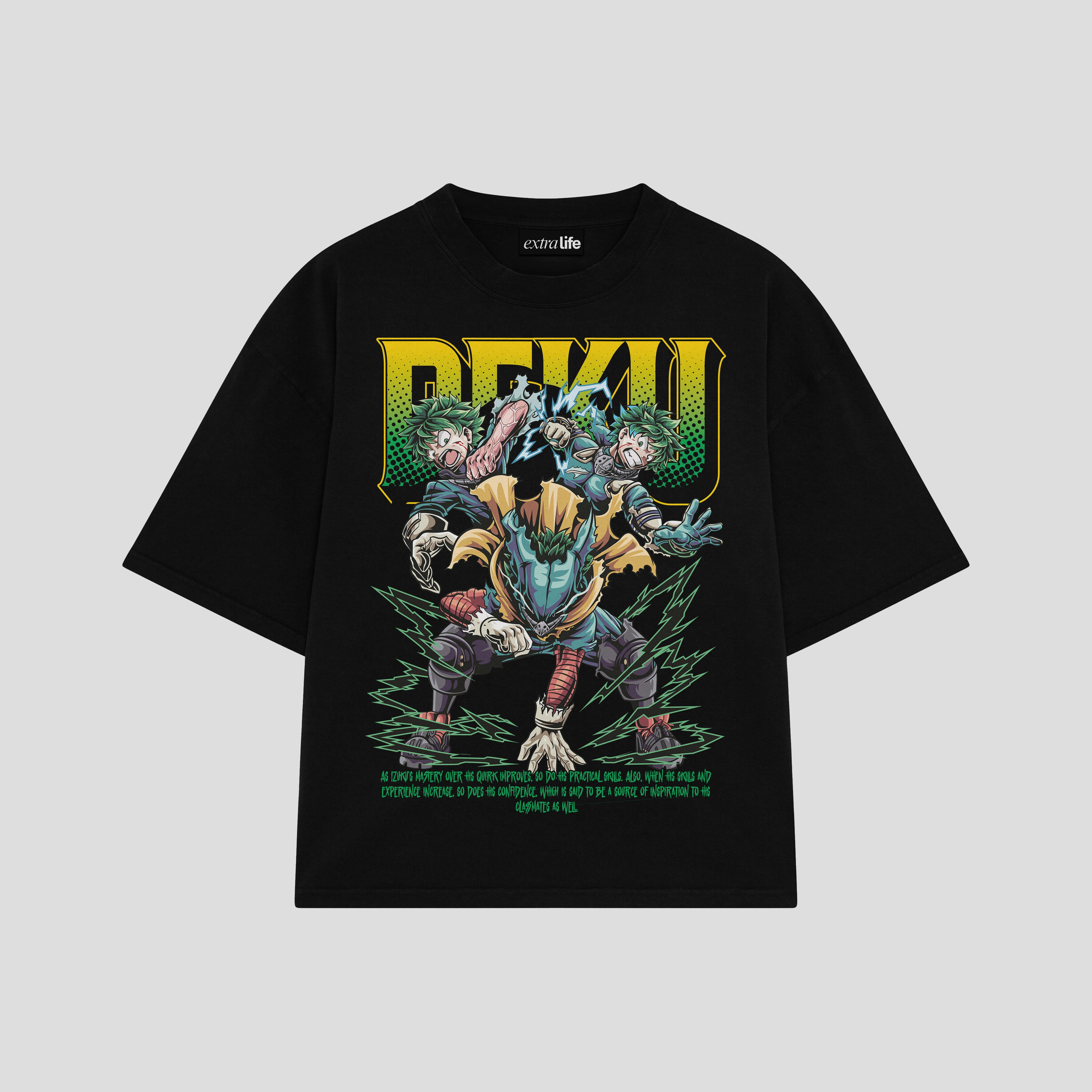 Playera streetwear premium de anime y gaming ExtraLife MX, corte boxy oversized drop shoulder heavyweight en color Deep Black y Off-White, moda urbana mexicana de culto.