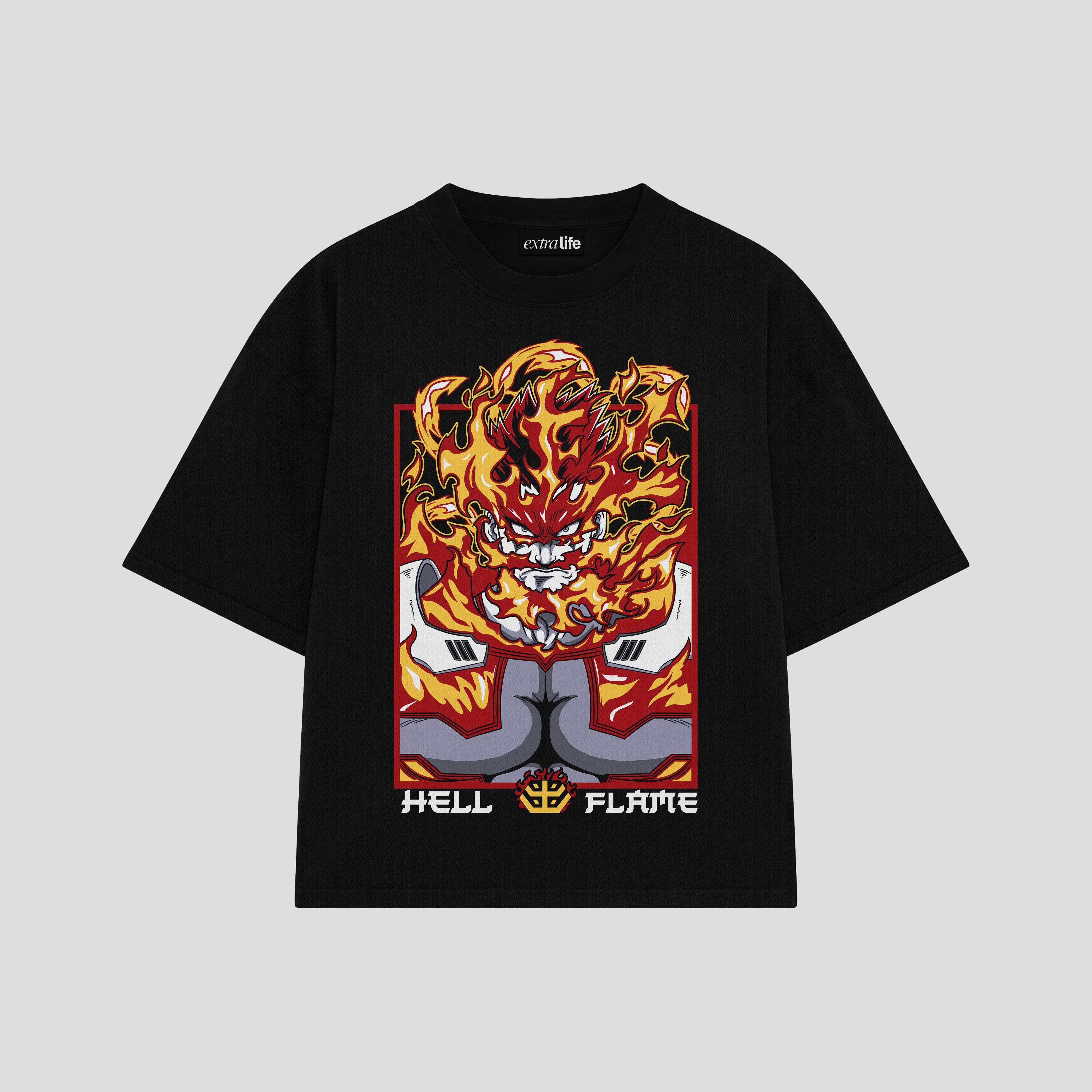 Playera streetwear premium de anime y gaming ExtraLife MX, corte boxy oversized drop shoulder heavyweight en color Deep Black y Off-White, moda urbana mexicana de culto.