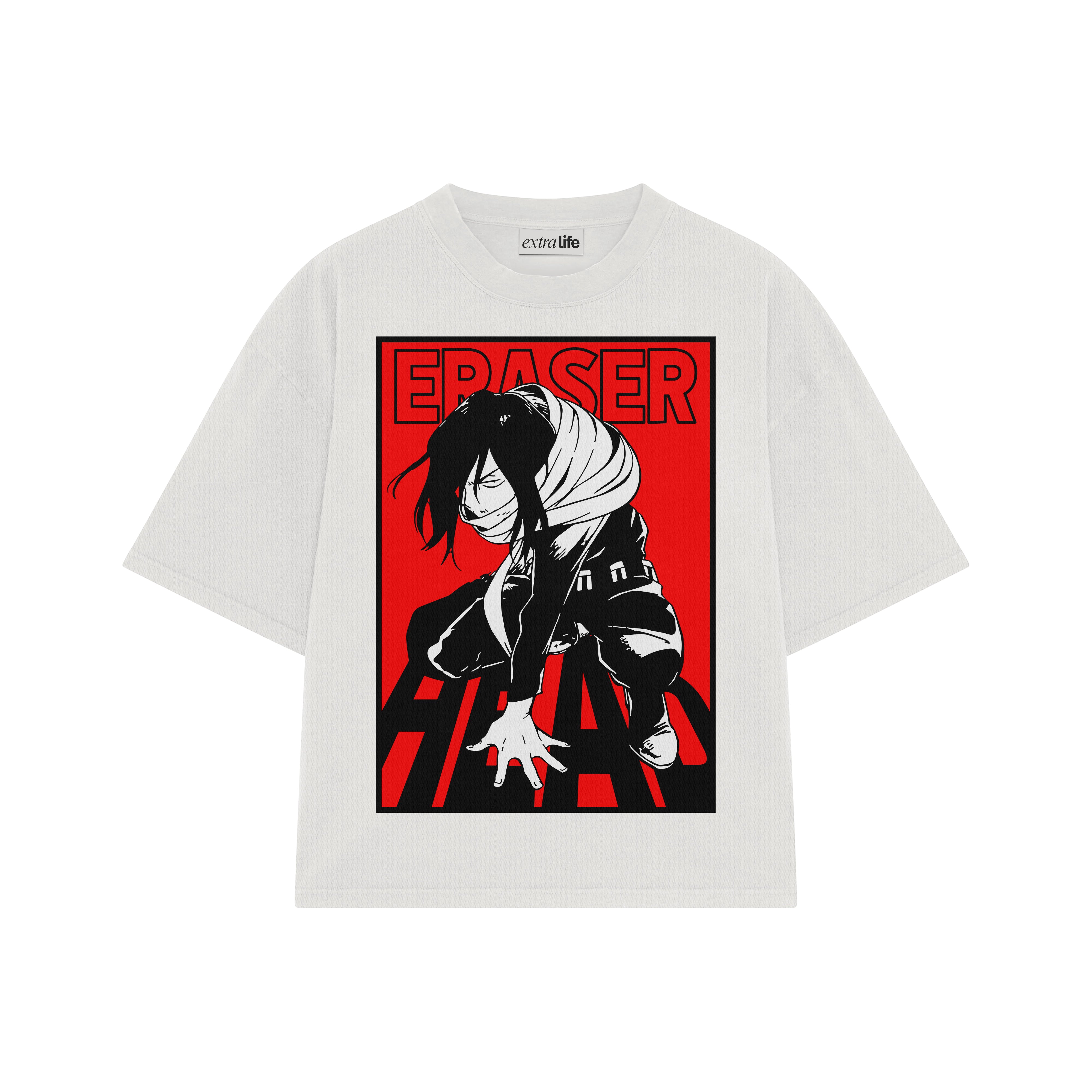 Playera streetwear premium de anime y gaming ExtraLife MX, corte boxy oversized drop shoulder heavyweight en color Deep Black y Off-White, moda urbana mexicana de culto.