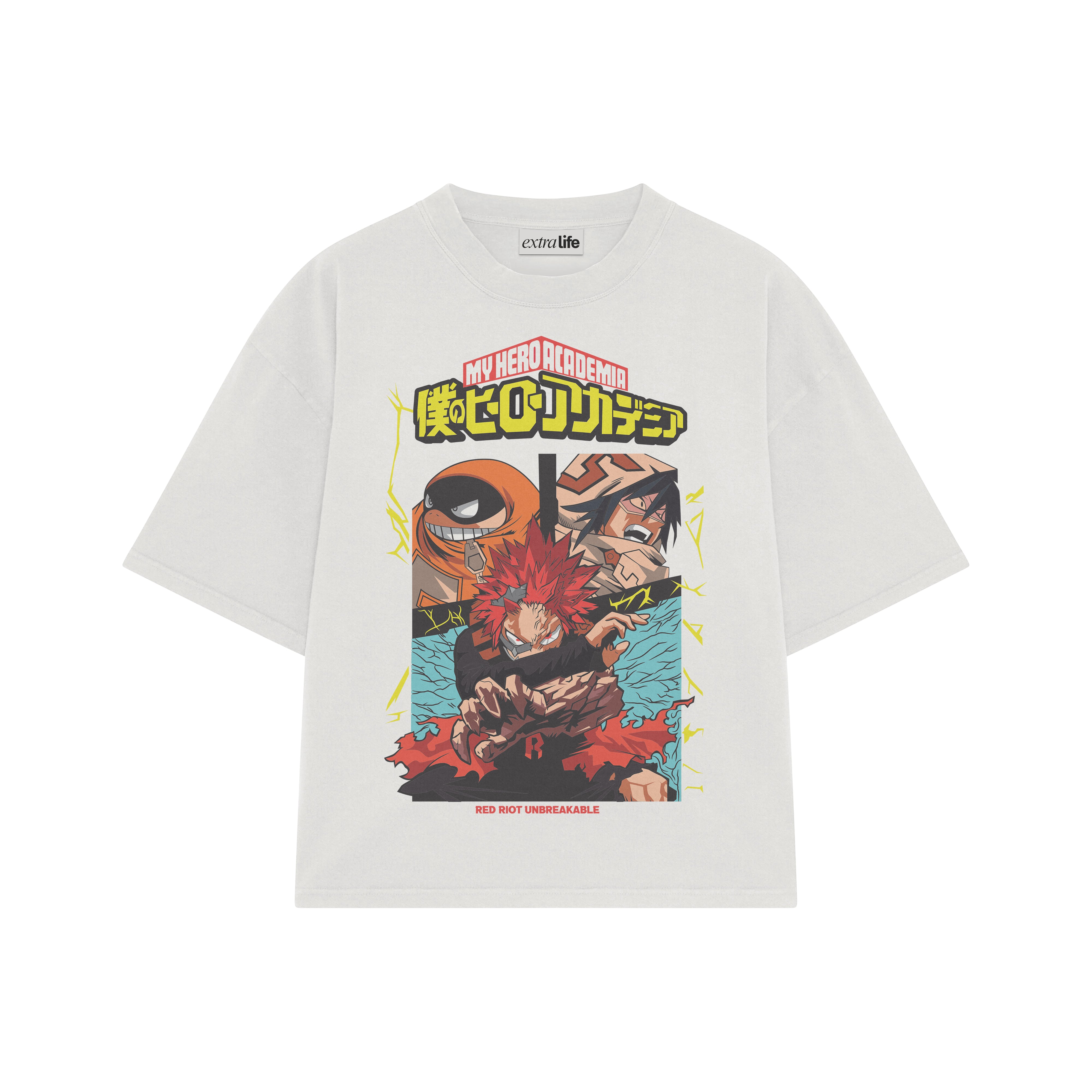 Playera streetwear premium de anime y gaming ExtraLife MX, corte boxy oversized drop shoulder heavyweight en color Deep Black y Off-White, moda urbana mexicana de culto.