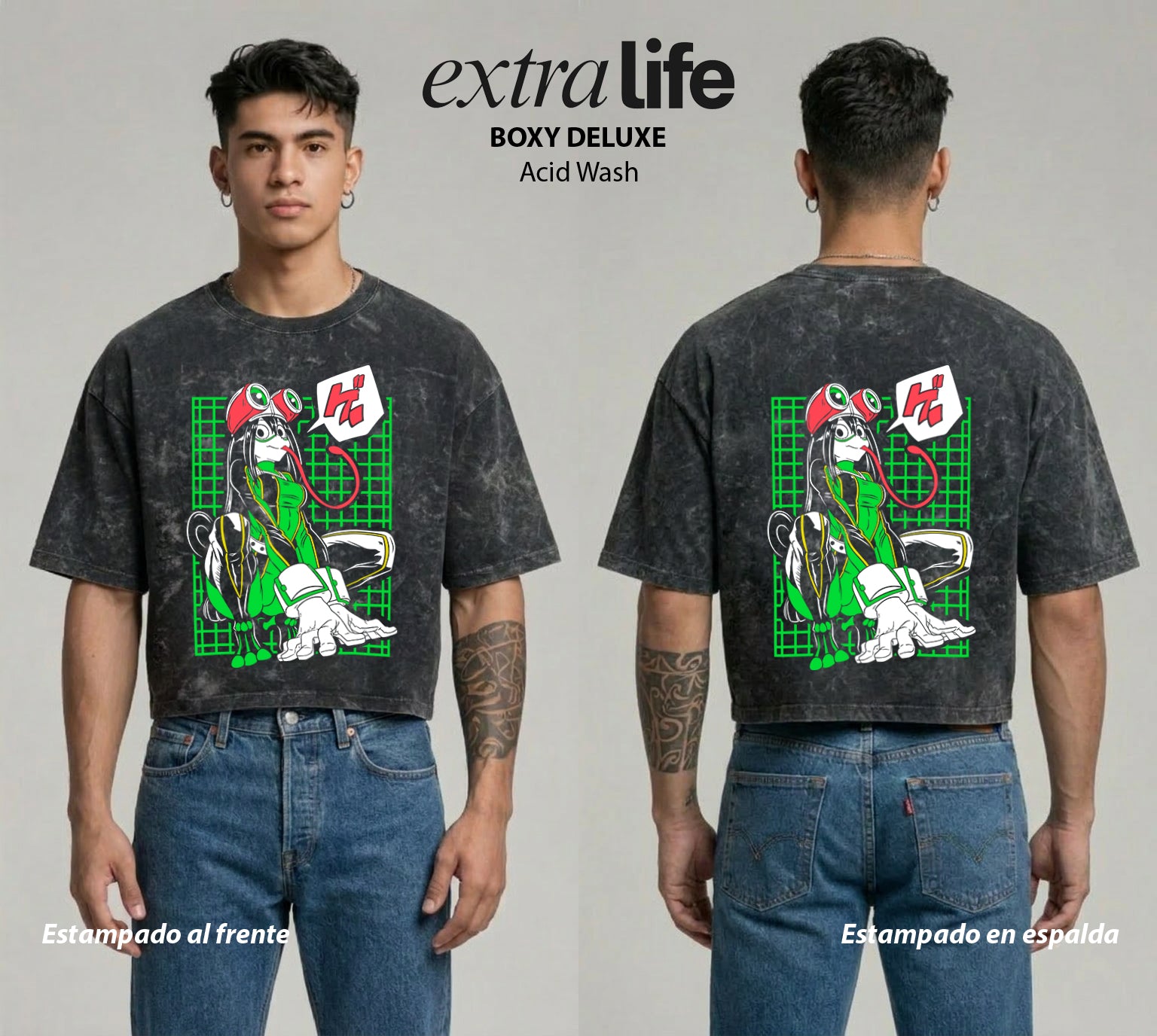 Playera streetwear premium de anime y gaming ExtraLife MX, corte boxy deluxe mineral wash heavyweight en color Acid Wash, moda urbana mexicana de culto.