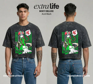 Playera streetwear premium de anime y gaming ExtraLife MX, corte boxy deluxe mineral wash heavyweight en color Acid Wash, moda urbana mexicana de culto.