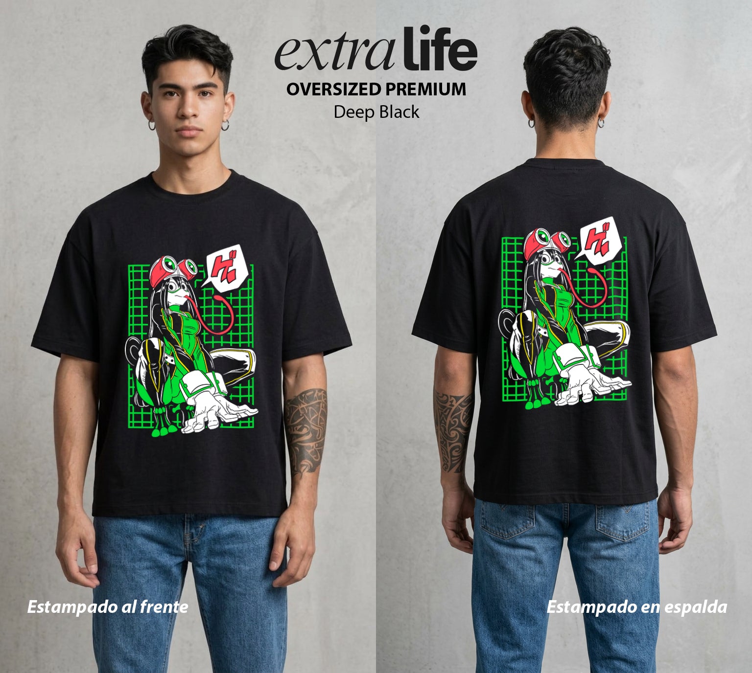 La Academia de Heroes | La Rana del Bien #02497 - Playera Oversized Premium | Deep Black - Foto en modelo