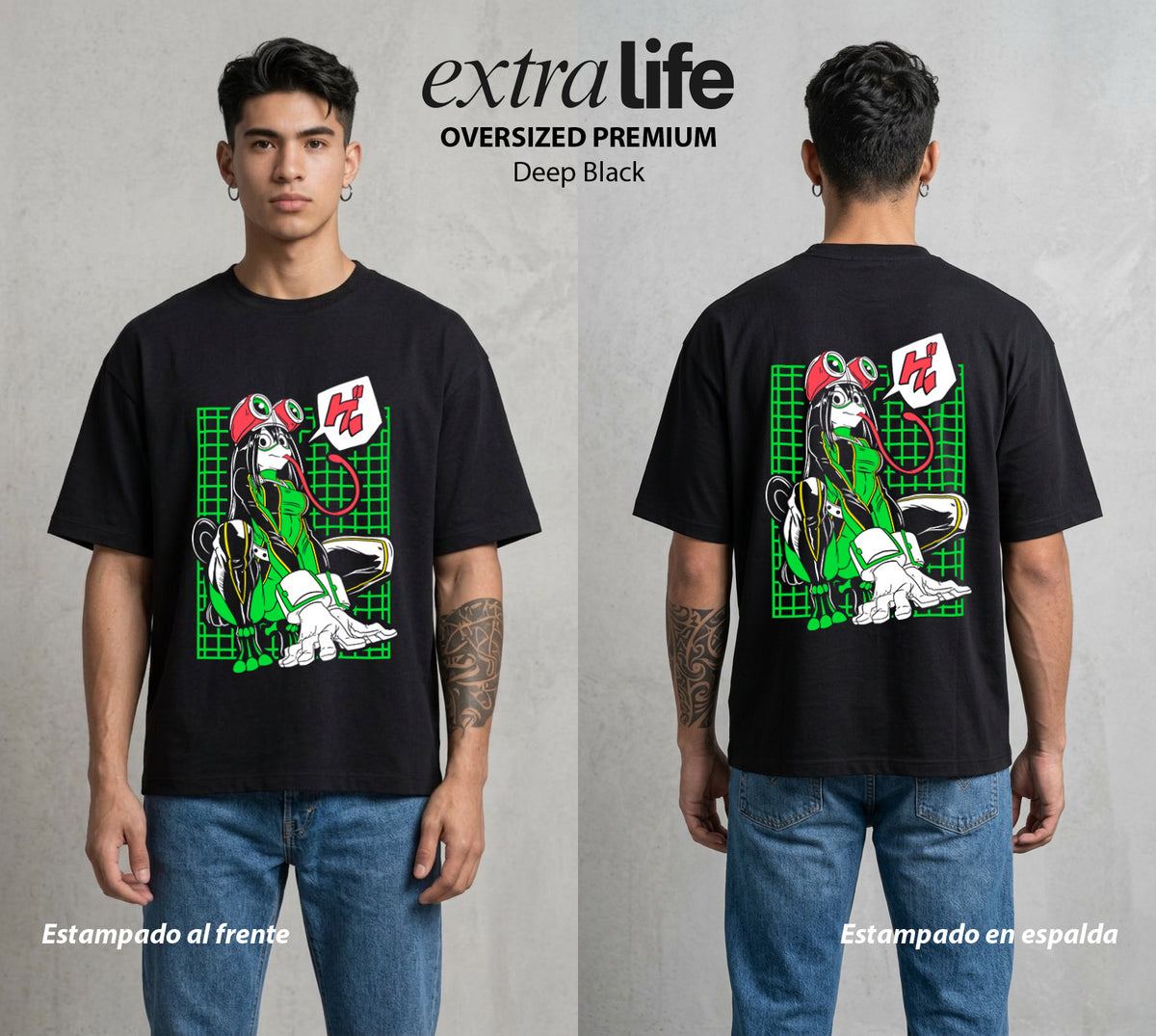 La Academia de Heroes | La Rana del Bien #02497 - Playera Oversized Premium | Deep Black - Foto en modelo