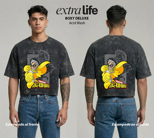 Playera streetwear premium de anime y gaming ExtraLife MX, corte boxy deluxe mineral wash heavyweight en color Acid Wash, moda urbana mexicana de culto.