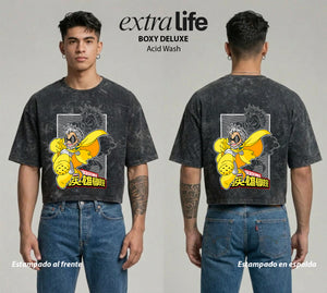 Playera streetwear premium de anime y gaming ExtraLife MX, corte boxy deluxe mineral wash heavyweight en color Acid Wash, moda urbana mexicana de culto.