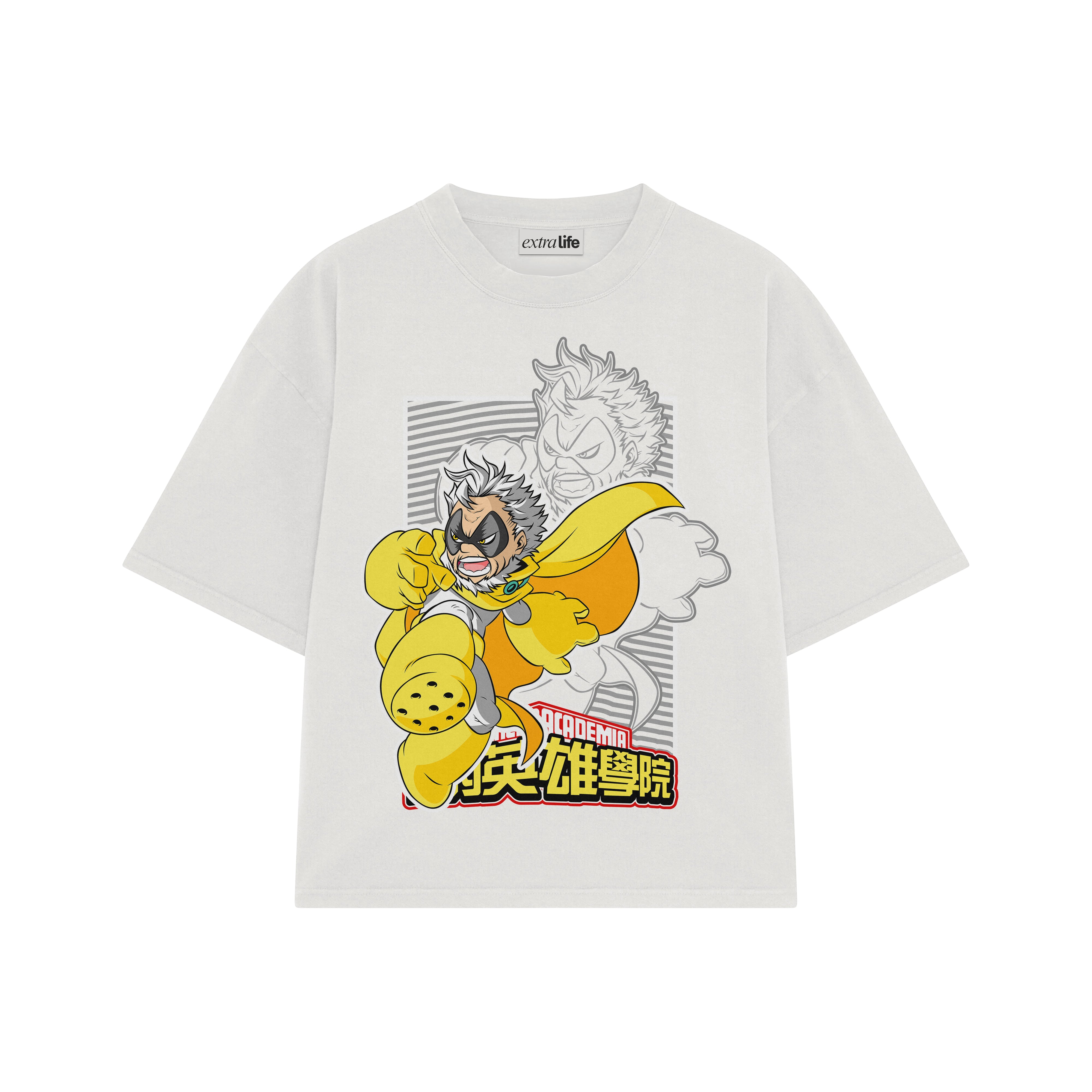 Playera streetwear premium de anime y gaming ExtraLife MX, corte boxy oversized drop shoulder heavyweight en color Deep Black y Off-White, moda urbana mexicana de culto.