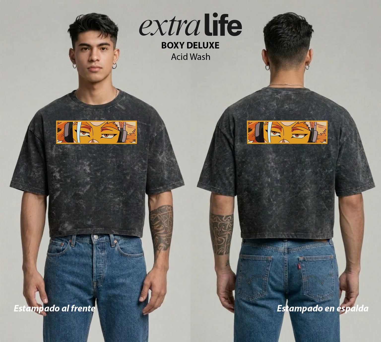 Playera streetwear premium de anime y gaming ExtraLife MX, corte boxy deluxe mineral wash heavyweight en color Acid Wash, moda urbana mexicana de culto.