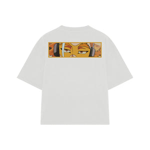 Playera streetwear premium de anime y gaming ExtraLife MX, corte boxy oversized drop shoulder heavyweight en color Deep Black y Off-White, moda urbana mexicana de culto.