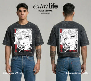 Playera streetwear premium de anime y gaming ExtraLife MX, corte boxy deluxe mineral wash heavyweight en color Acid Wash, moda urbana mexicana de culto.