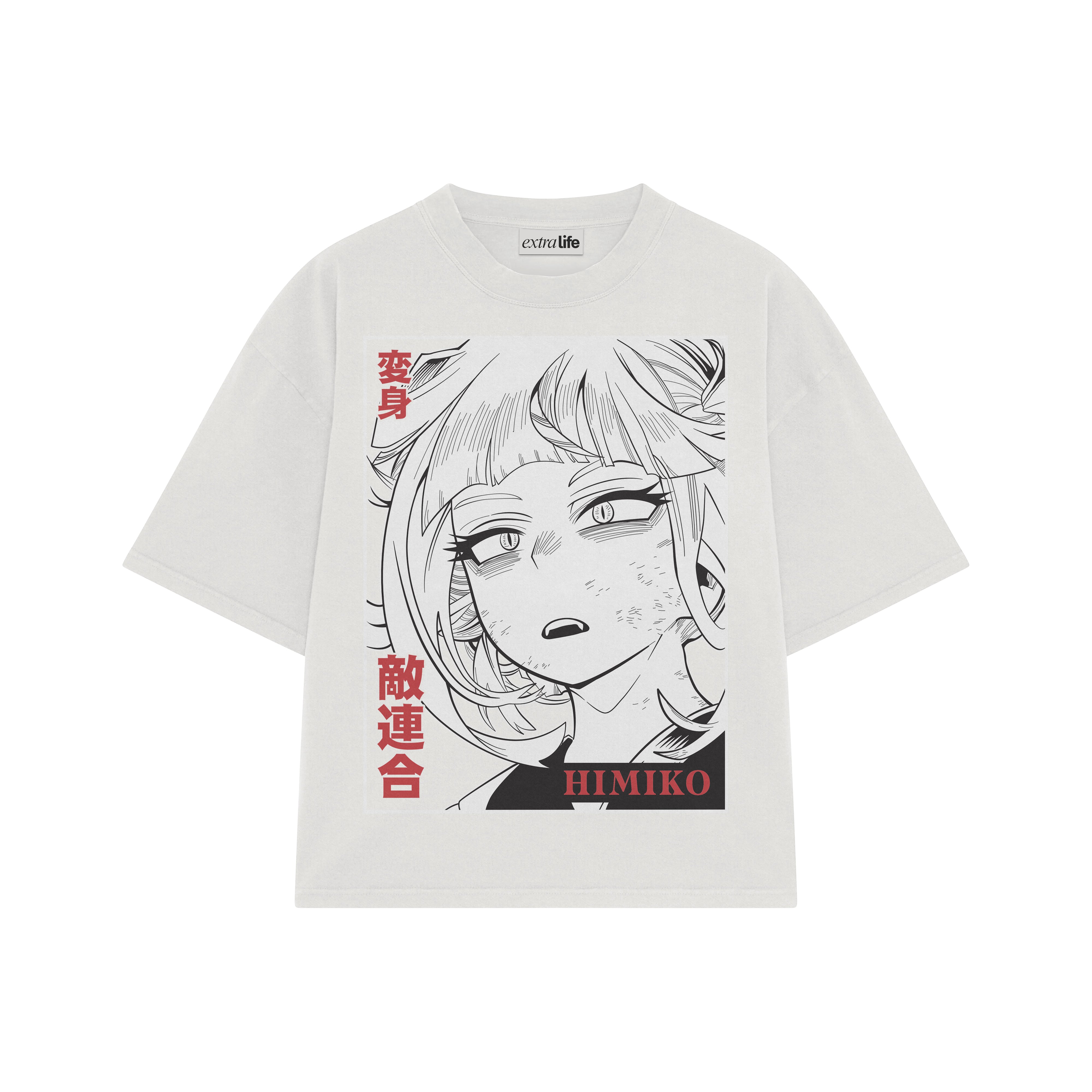 Playera streetwear premium de anime y gaming ExtraLife MX, corte boxy oversized drop shoulder heavyweight en color Deep Black y Off-White, moda urbana mexicana de culto.