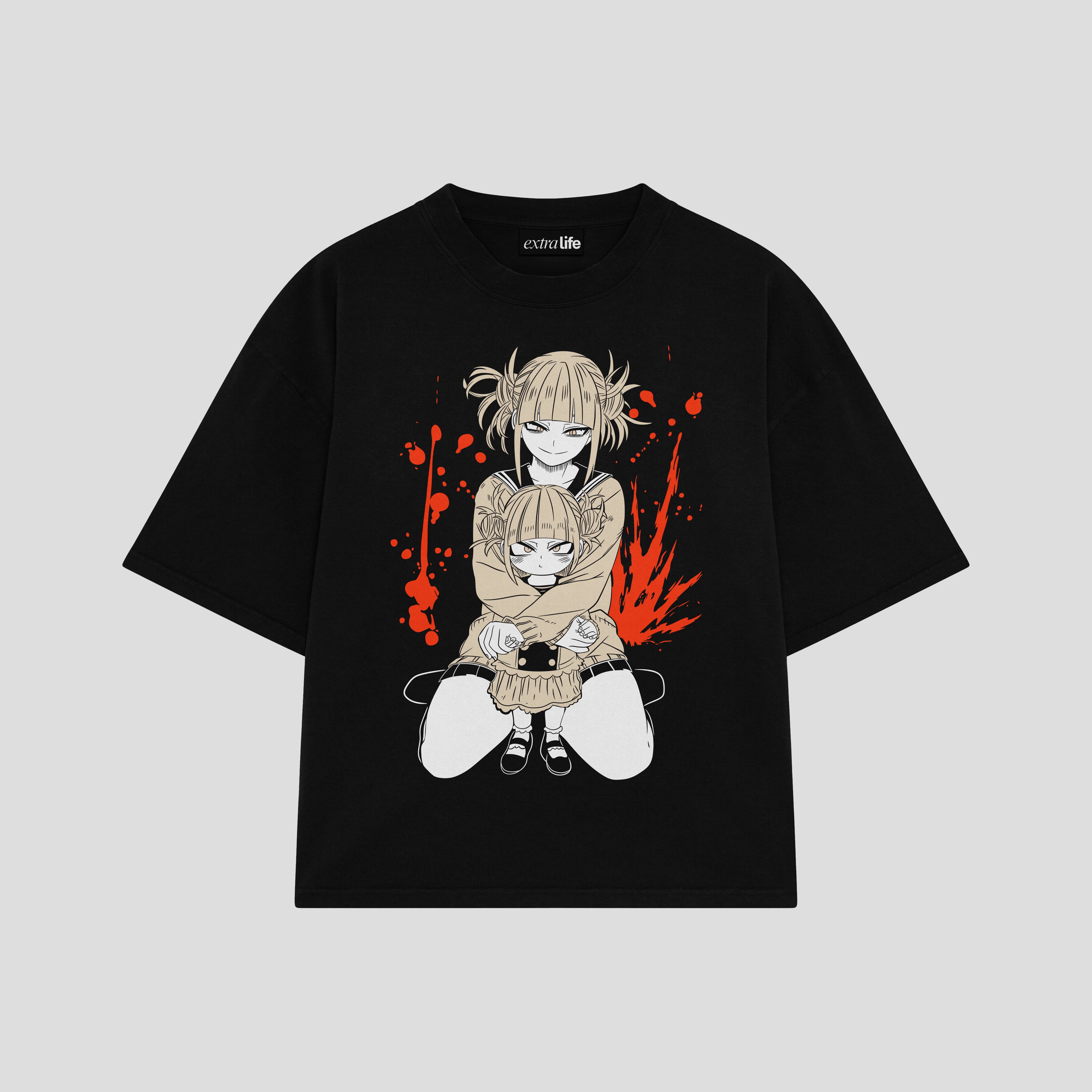 Playera streetwear premium de anime y gaming ExtraLife MX, corte boxy oversized drop shoulder heavyweight en color Deep Black y Off-White, moda urbana mexicana de culto.