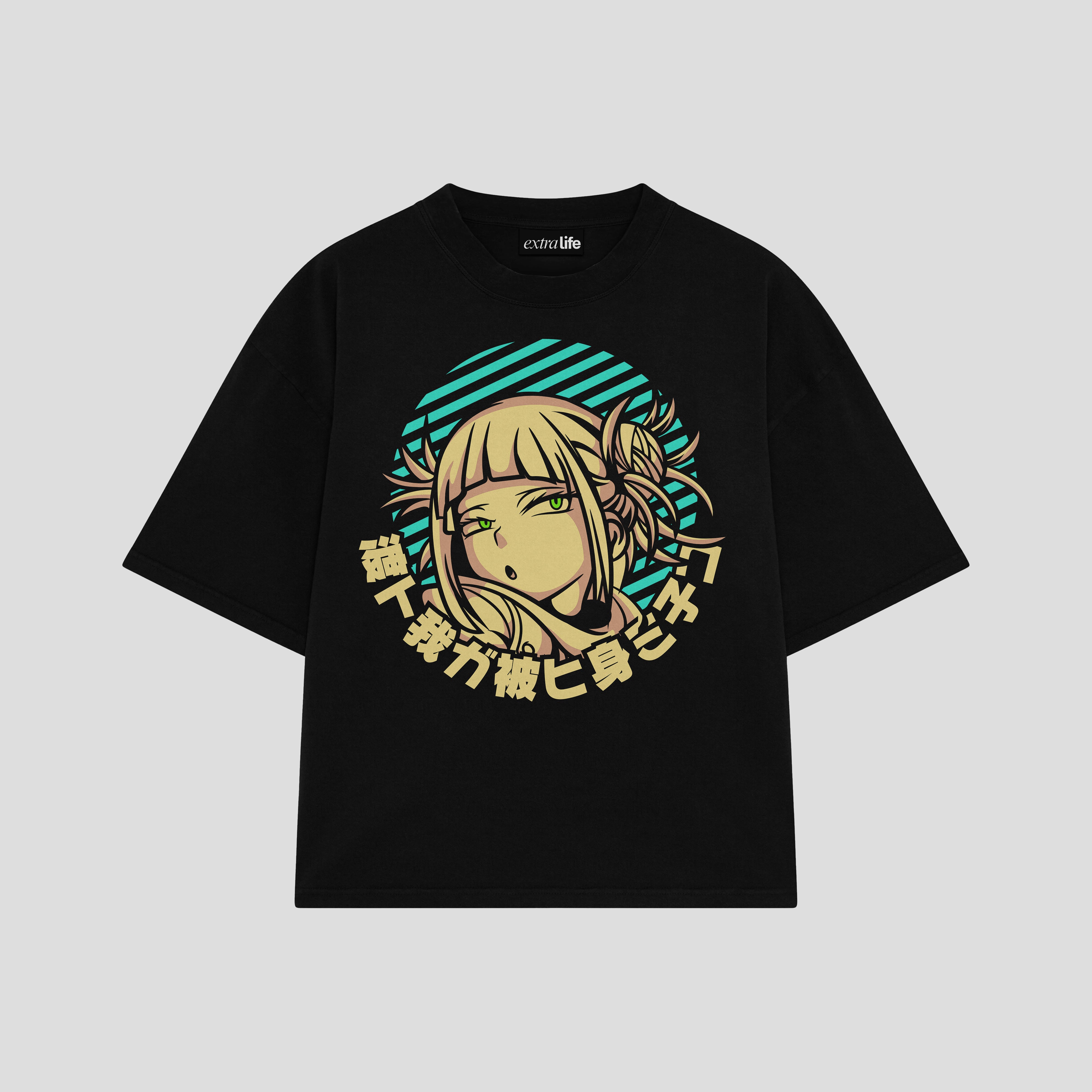 Playera streetwear premium de anime y gaming ExtraLife MX, corte boxy oversized drop shoulder heavyweight en color Deep Black y Off-White, moda urbana mexicana de culto.