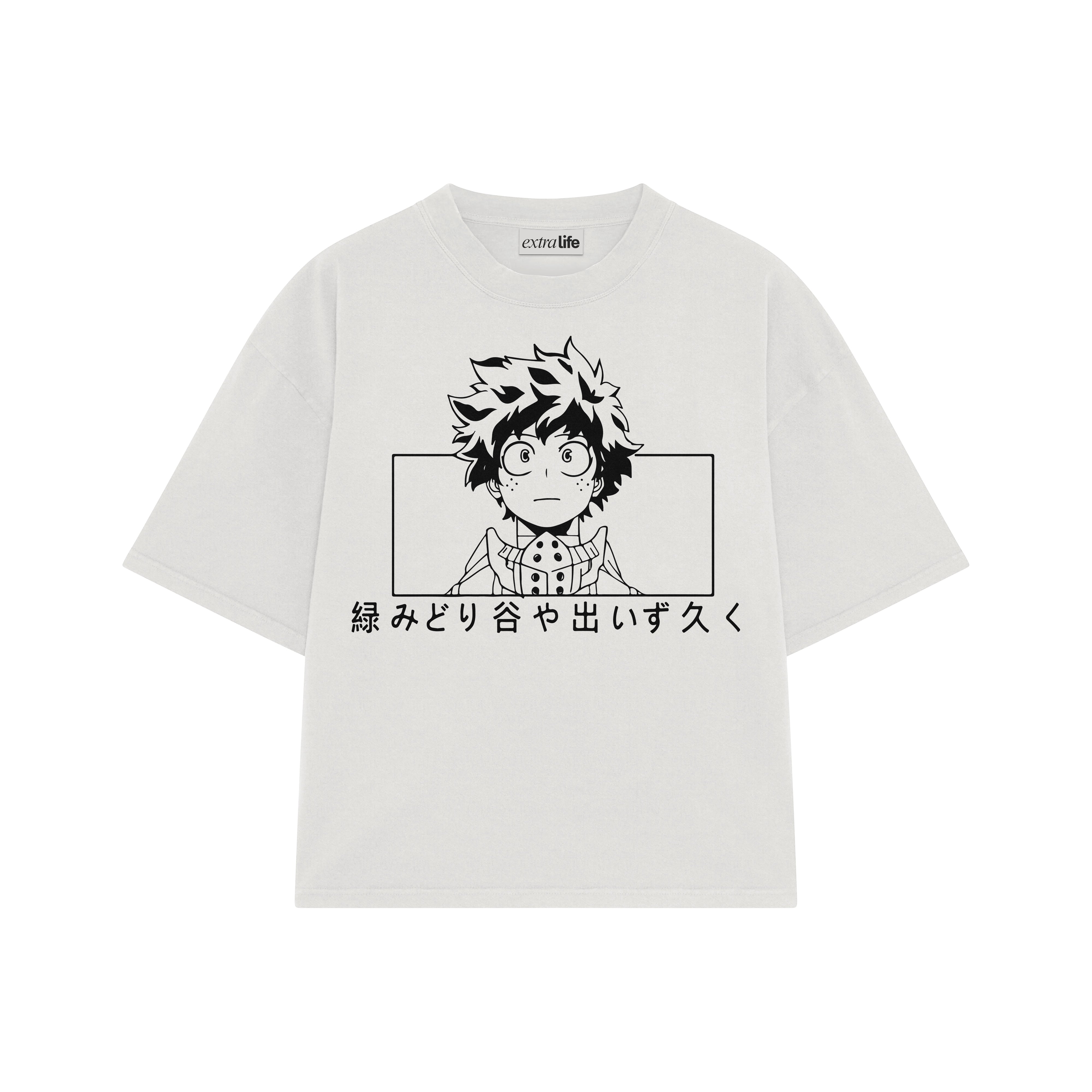 Playera streetwear premium de anime y gaming ExtraLife MX, corte boxy oversized drop shoulder heavyweight en color Deep Black y Off-White, moda urbana mexicana de culto.