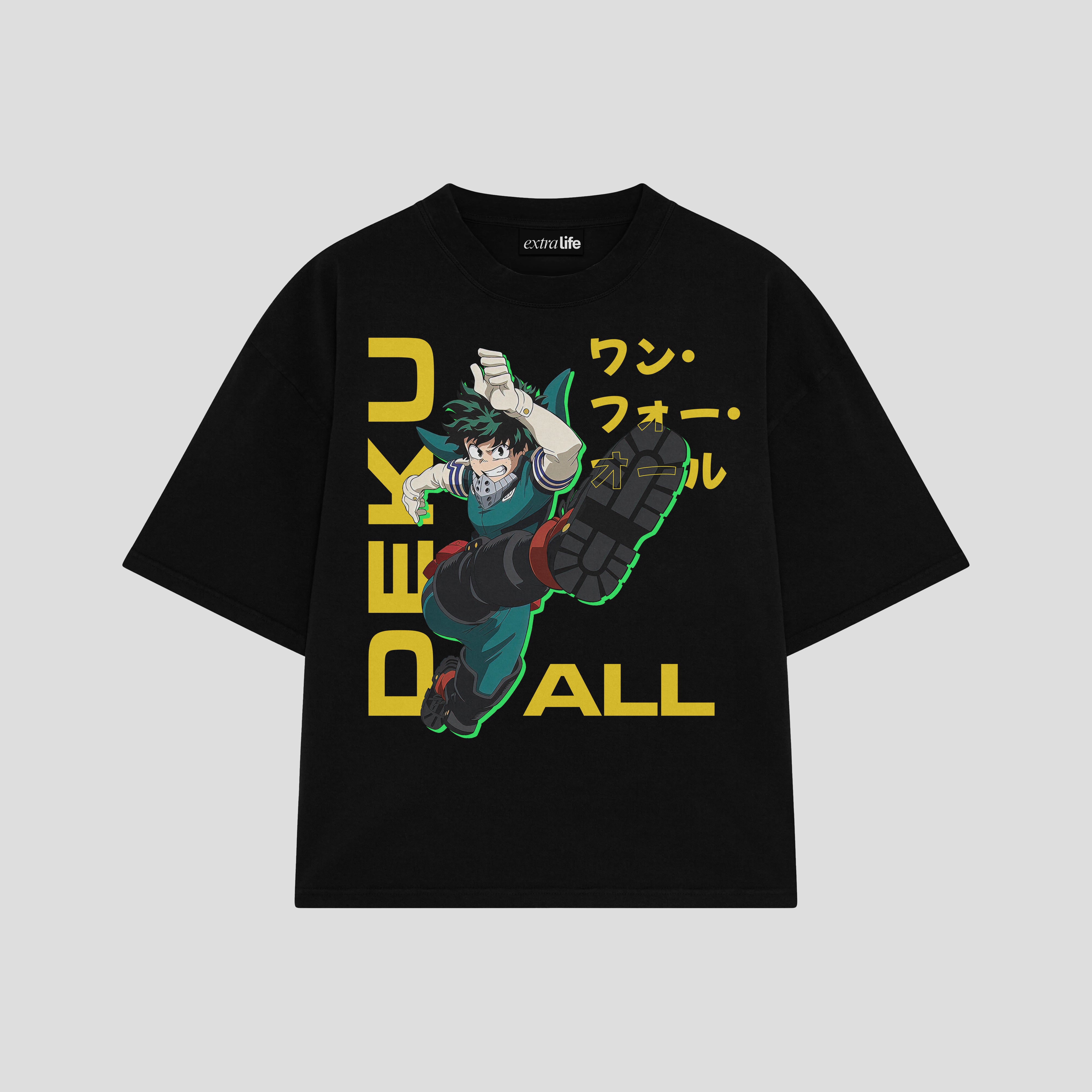 Playera streetwear premium de anime y gaming ExtraLife MX, corte boxy oversized drop shoulder heavyweight en color Deep Black y Off-White, moda urbana mexicana de culto.