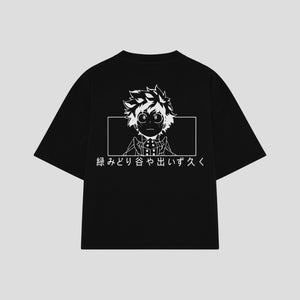 Playera streetwear premium de anime y gaming ExtraLife MX, corte boxy oversized drop shoulder heavyweight en color Deep Black y Off-White, moda urbana mexicana de culto.