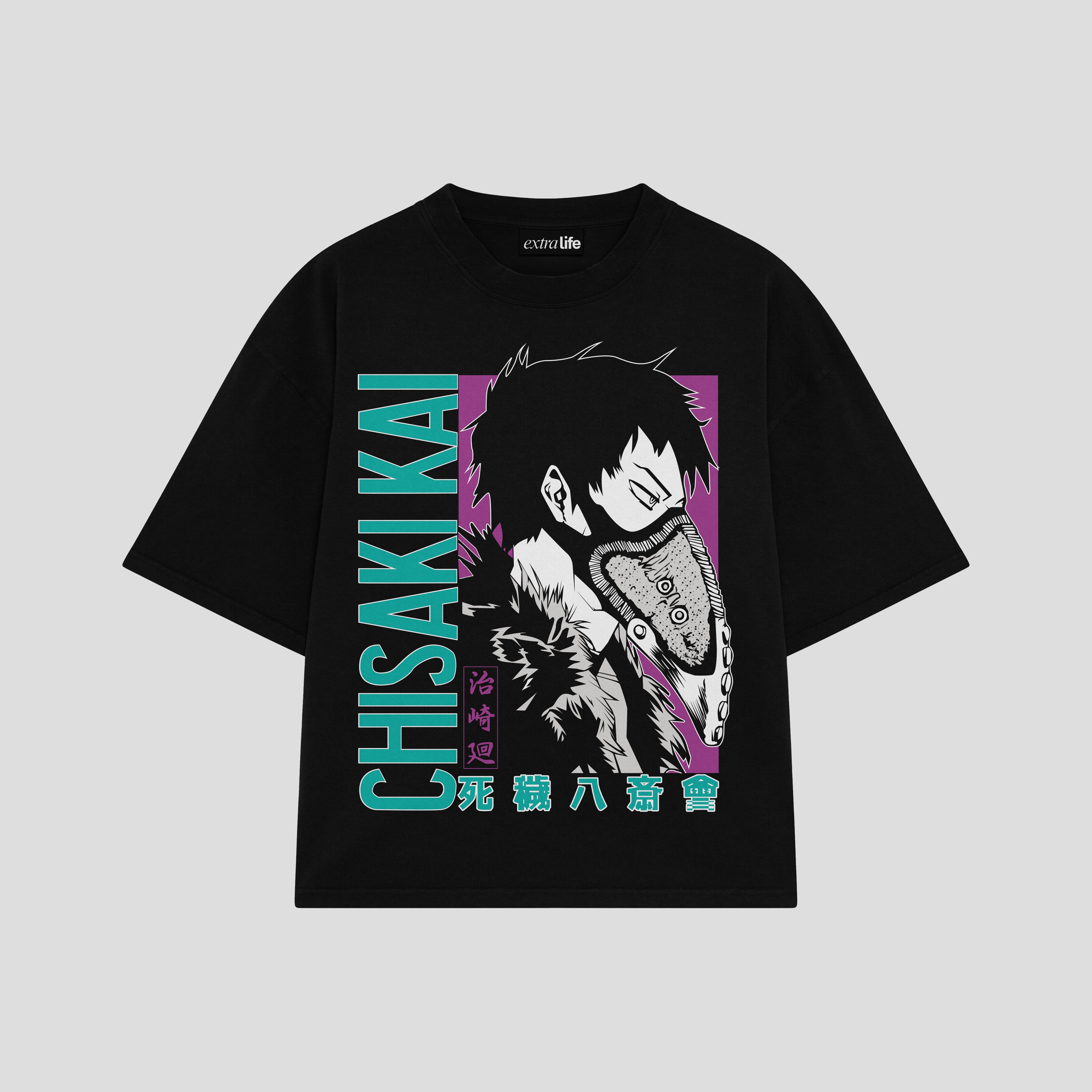 Playera streetwear premium de anime y gaming ExtraLife MX, corte boxy oversized drop shoulder heavyweight en color Deep Black y Off-White, moda urbana mexicana de culto.