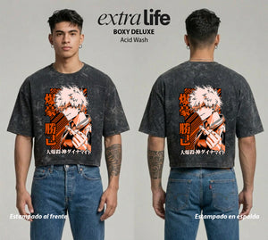 Playera streetwear premium de anime y gaming ExtraLife MX, corte boxy deluxe mineral wash heavyweight en color Acid Wash, moda urbana mexicana de culto.