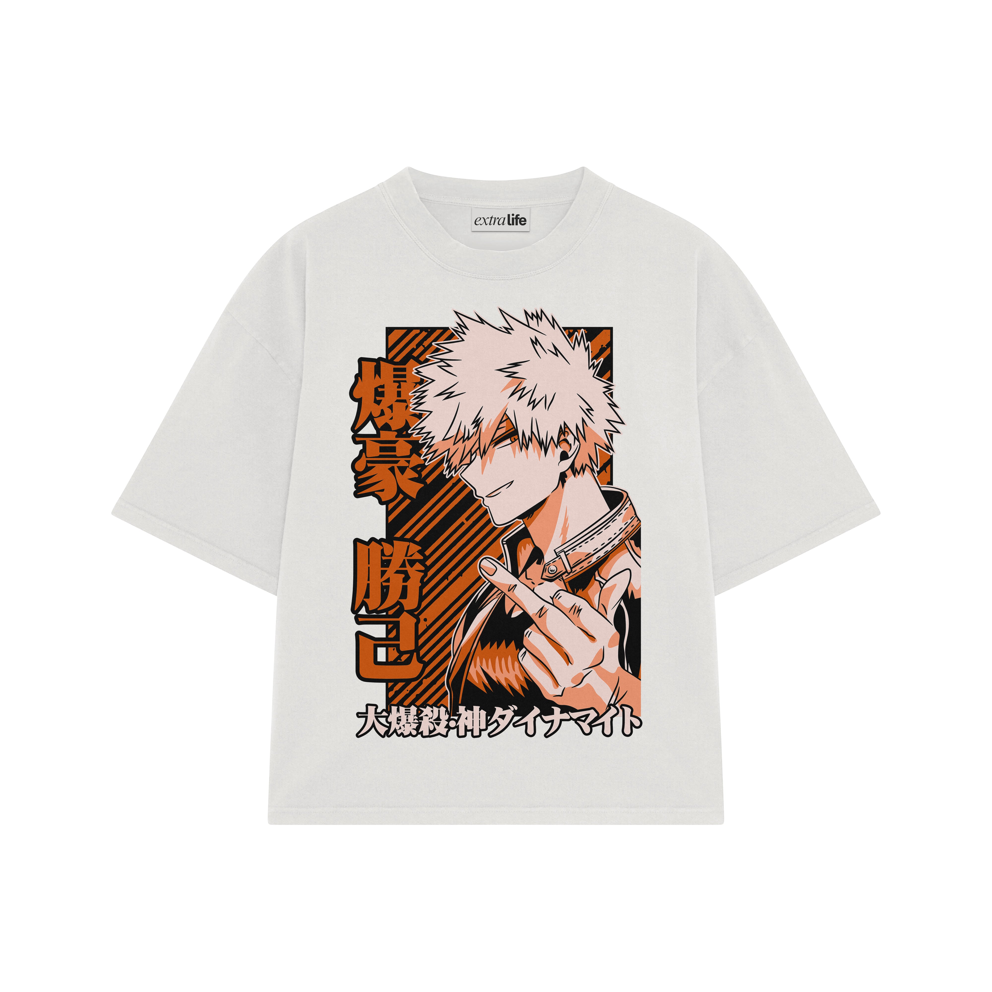 Playera streetwear premium de anime y gaming ExtraLife MX, corte boxy oversized drop shoulder heavyweight en color Deep Black y Off-White, moda urbana mexicana de culto.