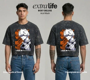 Playera streetwear premium de anime y gaming ExtraLife MX, corte boxy deluxe mineral wash heavyweight en color Acid Wash, moda urbana mexicana de culto.