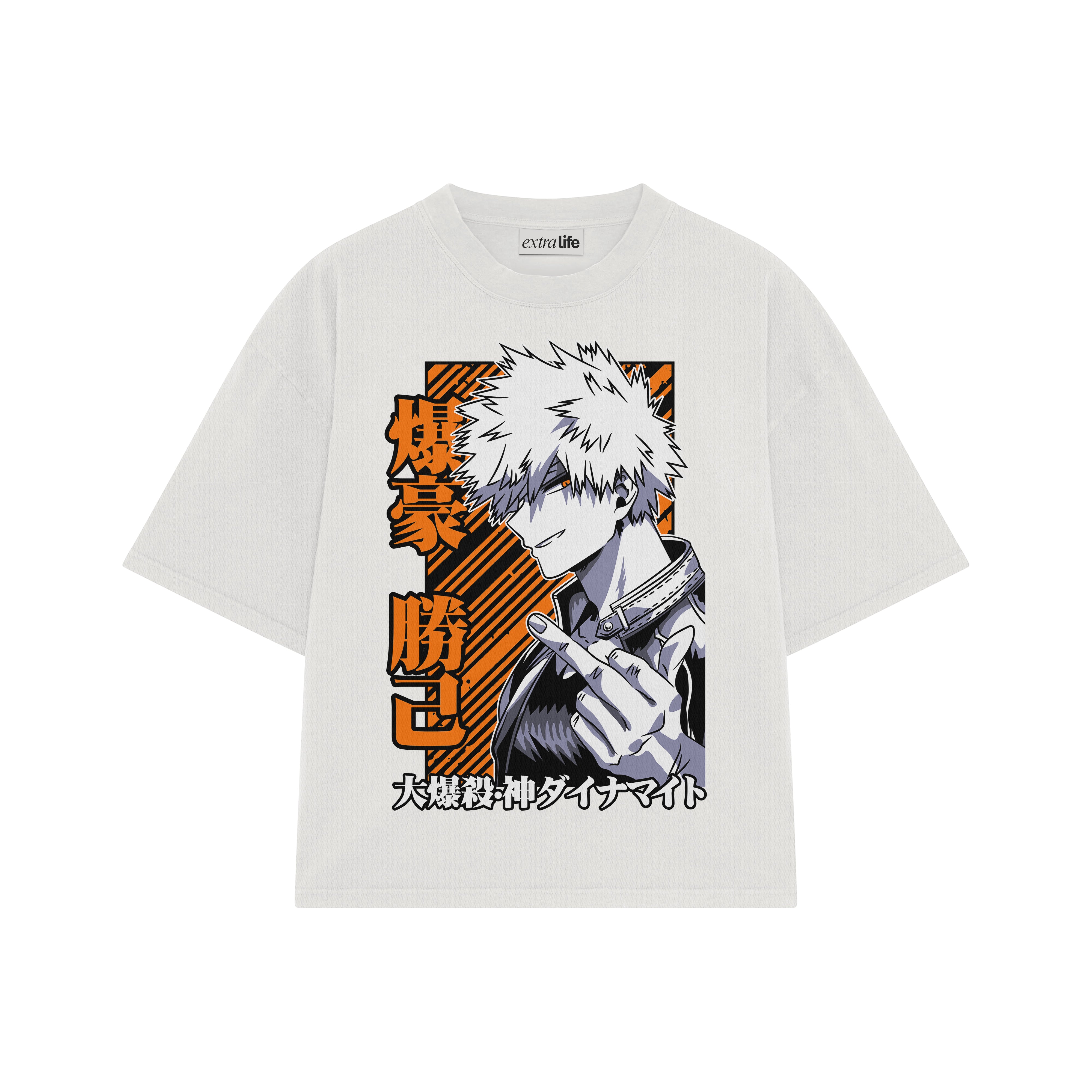 Playera streetwear premium de anime y gaming ExtraLife MX, corte boxy oversized drop shoulder heavyweight en color Deep Black y Off-White, moda urbana mexicana de culto.