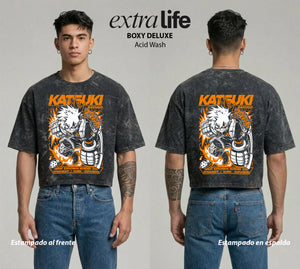 Playera streetwear premium de anime y gaming ExtraLife MX, corte boxy deluxe mineral wash heavyweight en color Acid Wash, moda urbana mexicana de culto.