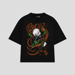Playera streetwear premium de anime y gaming ExtraLife MX, corte boxy oversized drop shoulder heavyweight en color Deep Black y Off-White, moda urbana mexicana de culto.