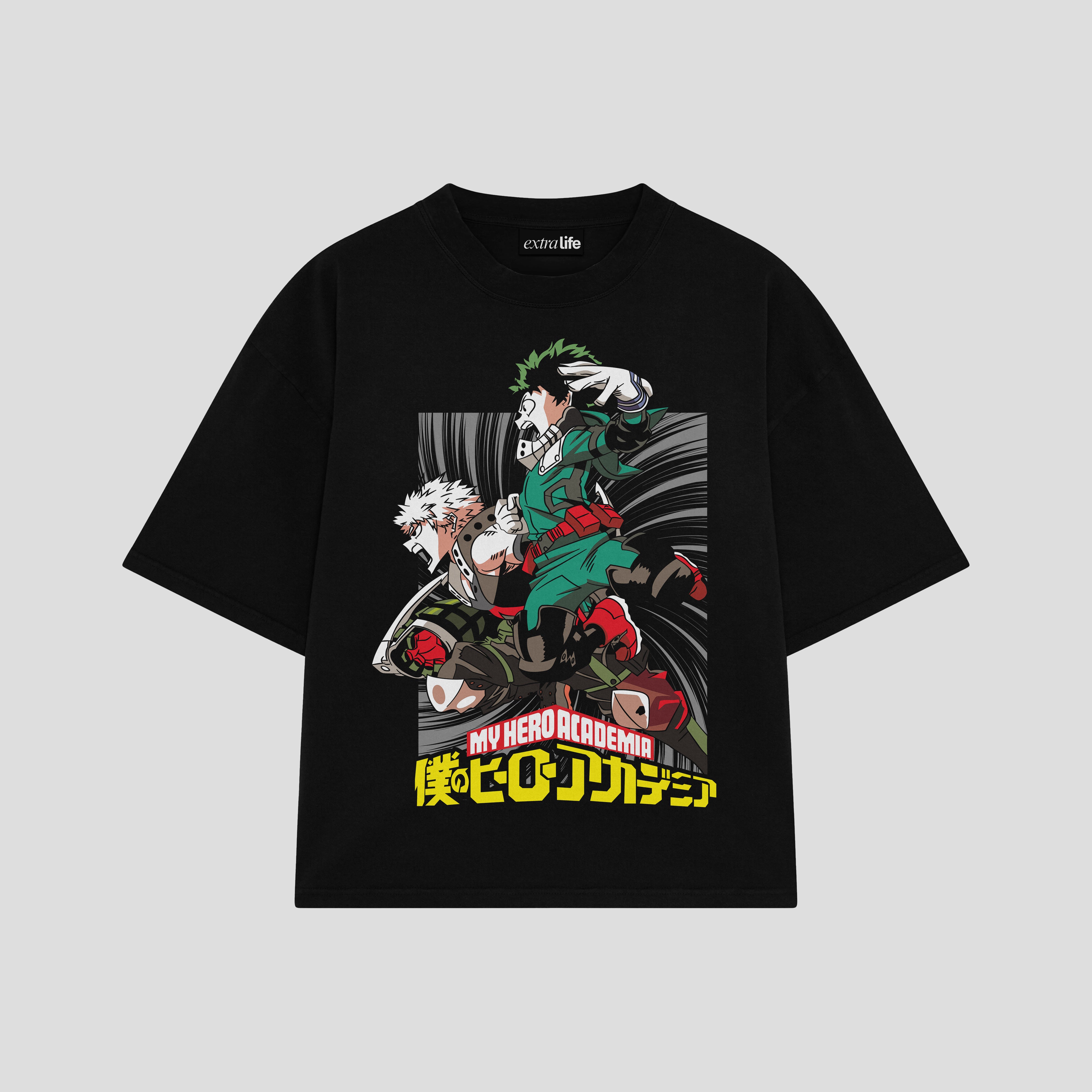 Playera streetwear premium de anime y gaming ExtraLife MX, corte boxy oversized drop shoulder heavyweight en color Deep Black y Off-White, moda urbana mexicana de culto.