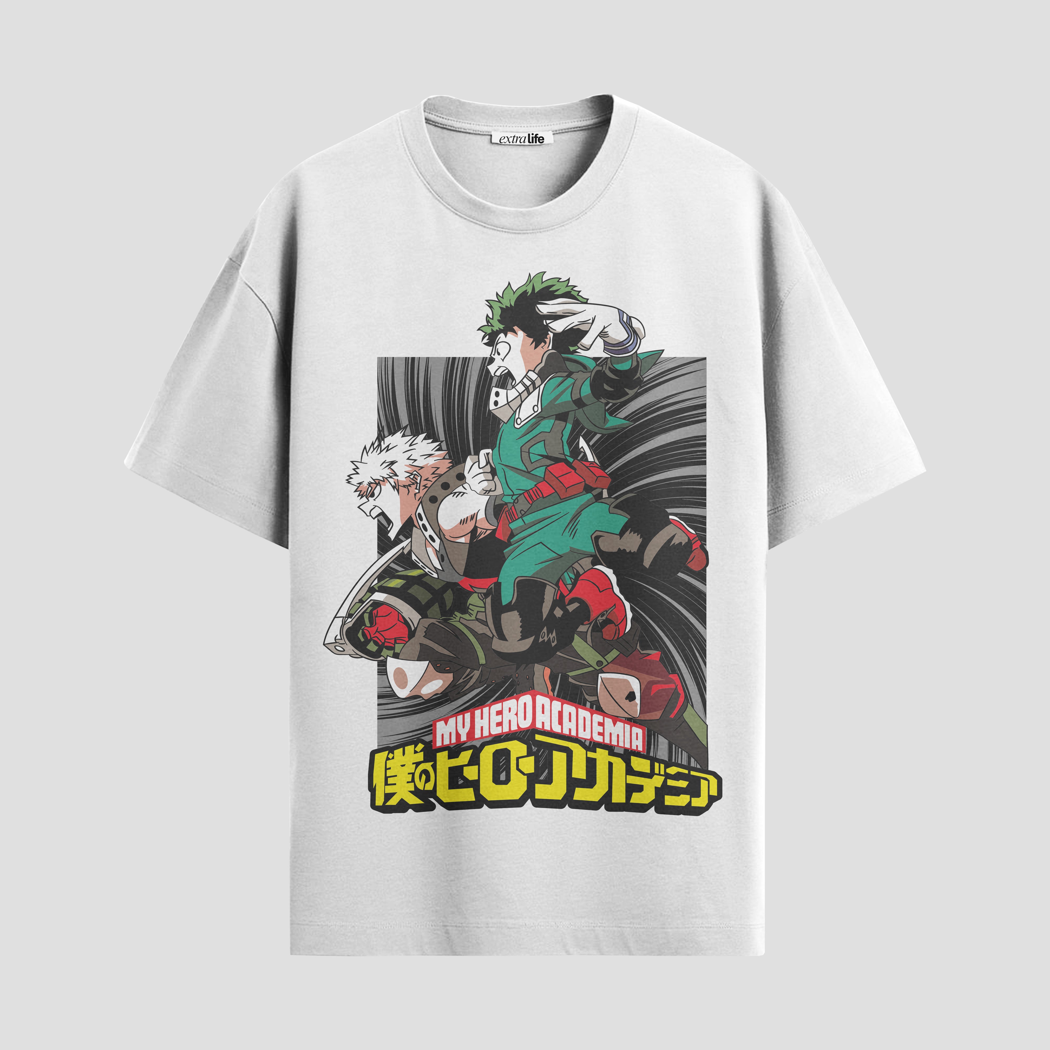 Playera urbana de anime y gaming ExtraLife MX, corte Standard Fit unisex ligero y transpirable en color Deep Black y Pure White, ropa de uso diario para gym y casual.