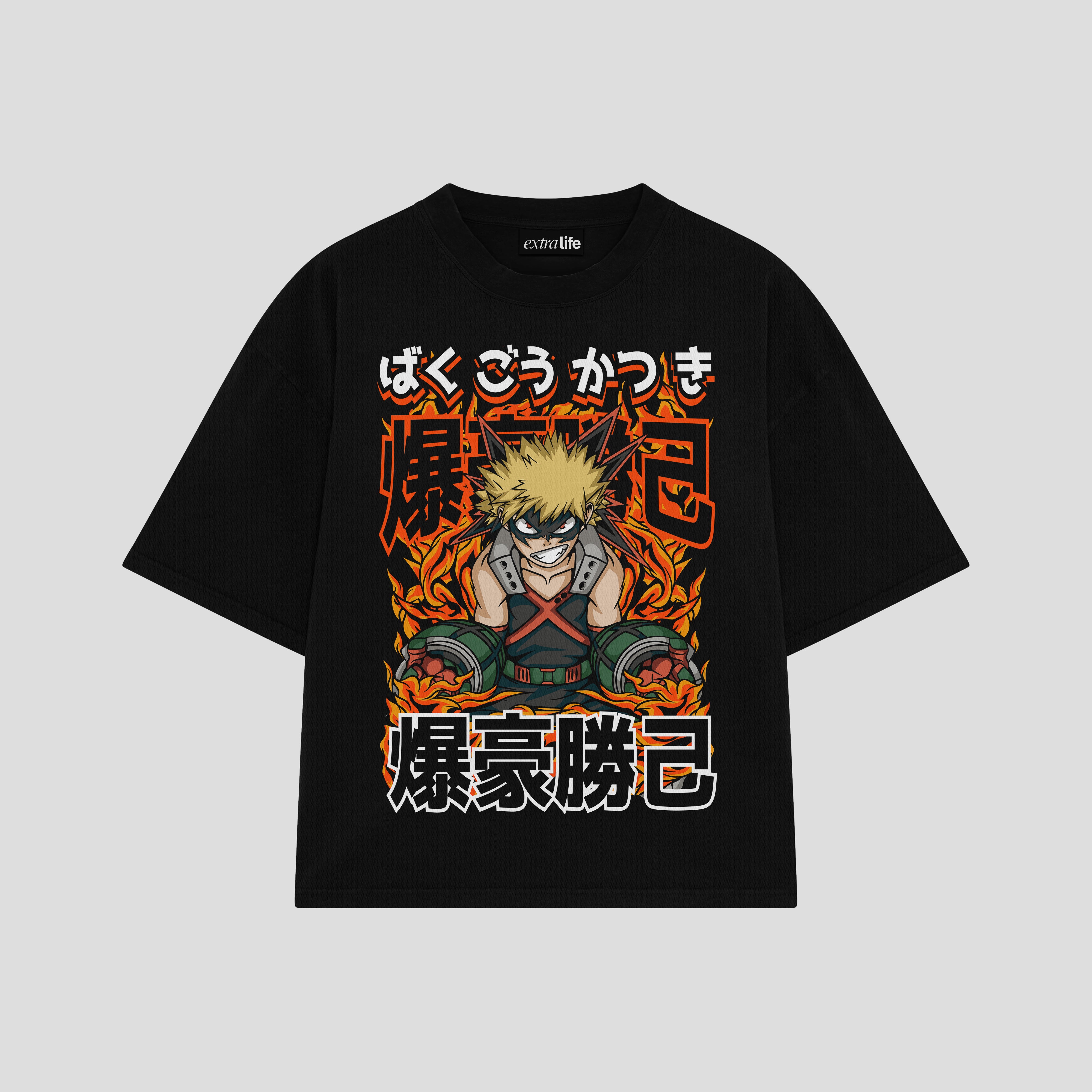 Playera streetwear premium de anime y gaming ExtraLife MX, corte boxy oversized drop shoulder heavyweight en color Deep Black y Off-White, moda urbana mexicana de culto.