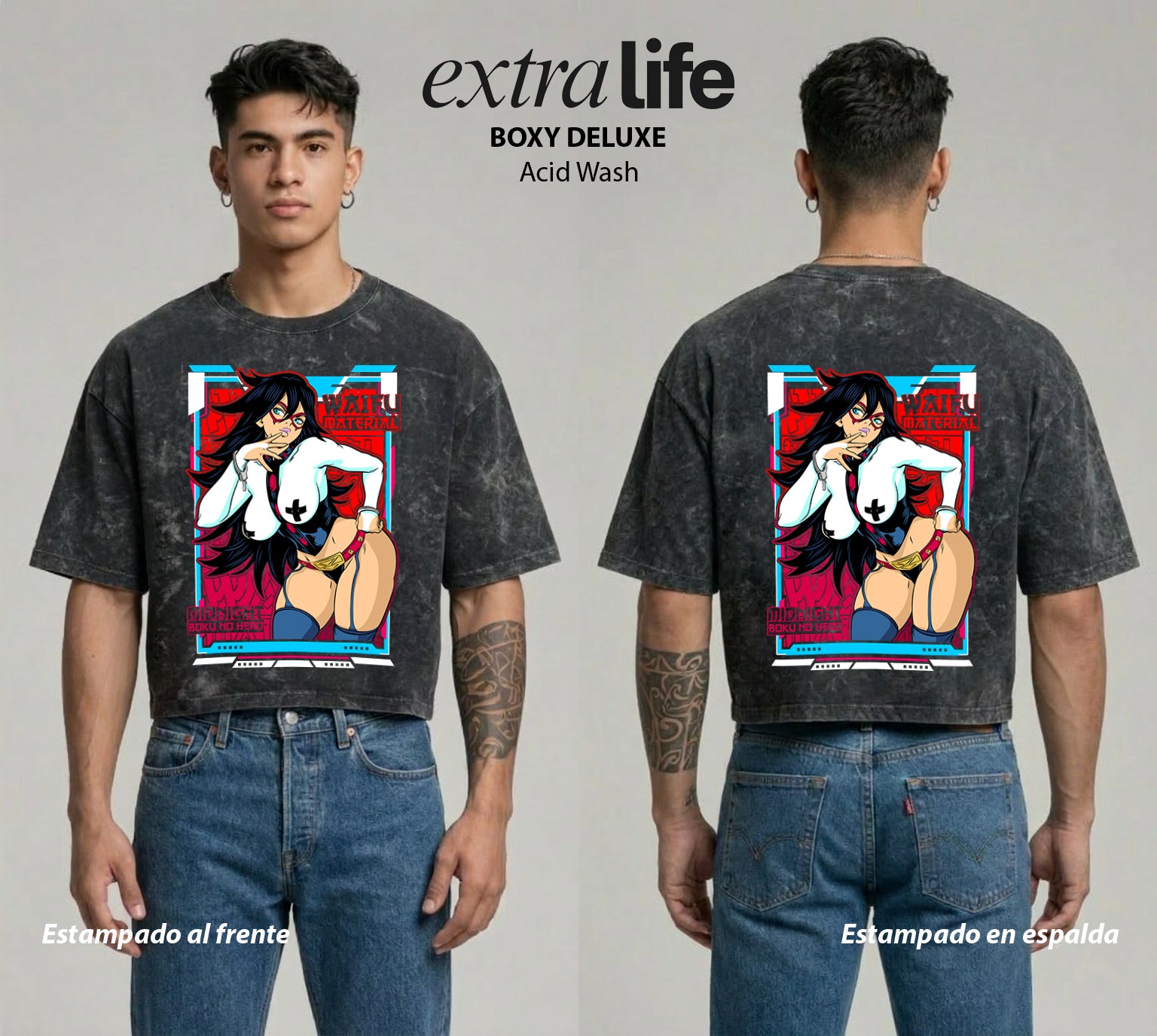 Playera streetwear premium de anime y gaming ExtraLife MX, corte boxy deluxe mineral wash heavyweight en color Acid Wash, moda urbana mexicana de culto.