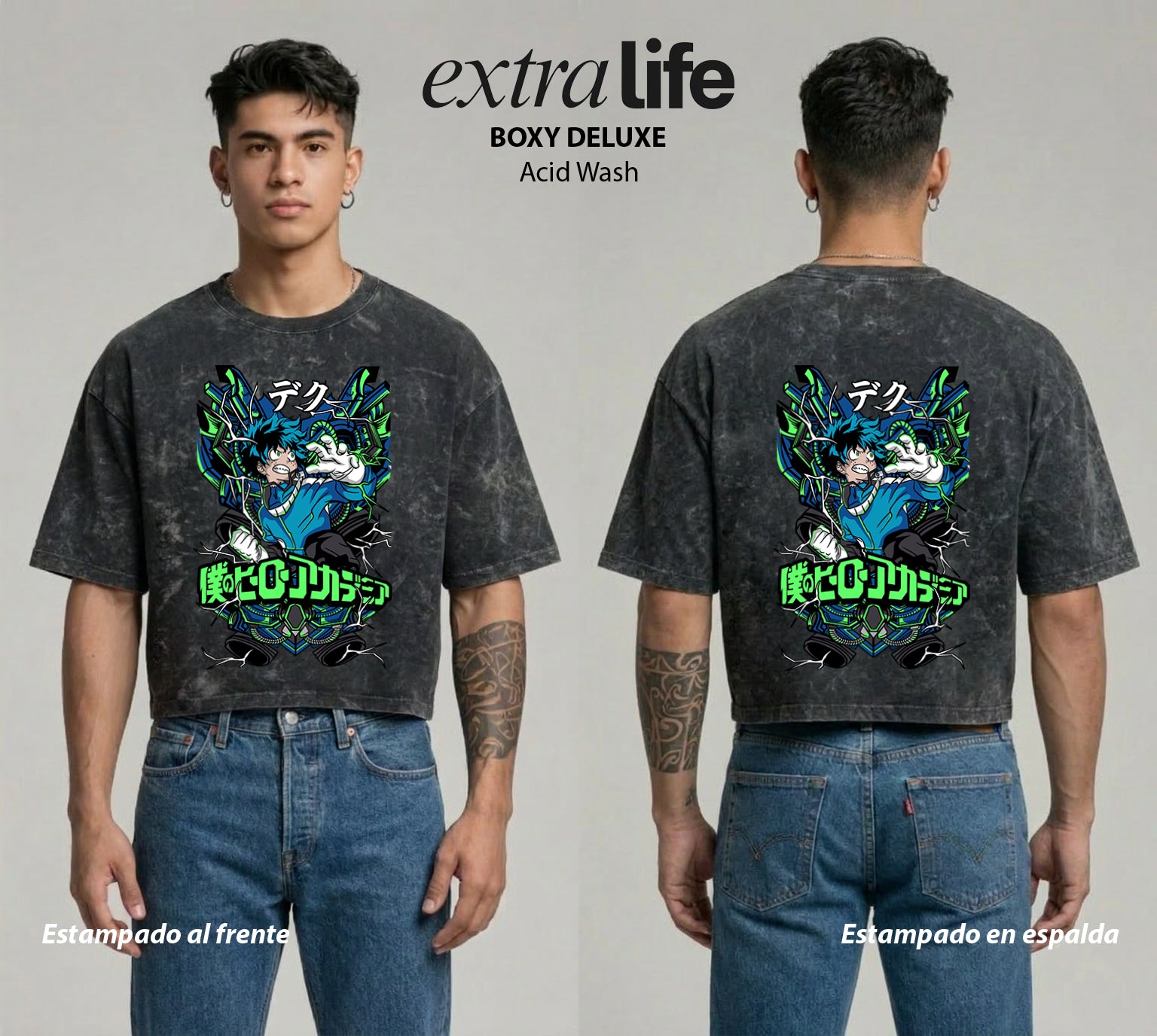 Playera streetwear premium de anime y gaming ExtraLife MX, corte boxy deluxe mineral wash heavyweight en color Acid Wash, moda urbana mexicana de culto.