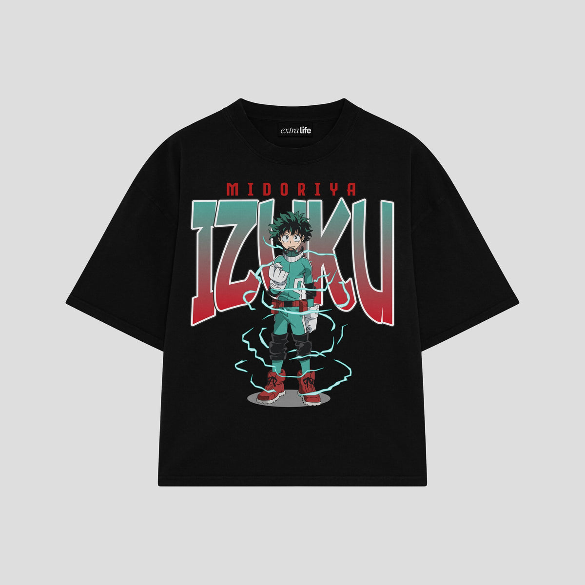 Playera streetwear premium de anime y gaming ExtraLife MX, corte oversized drop shoulder ligero y fresco en color Deep Black y Off-White, moda urbana mexicana de culto.