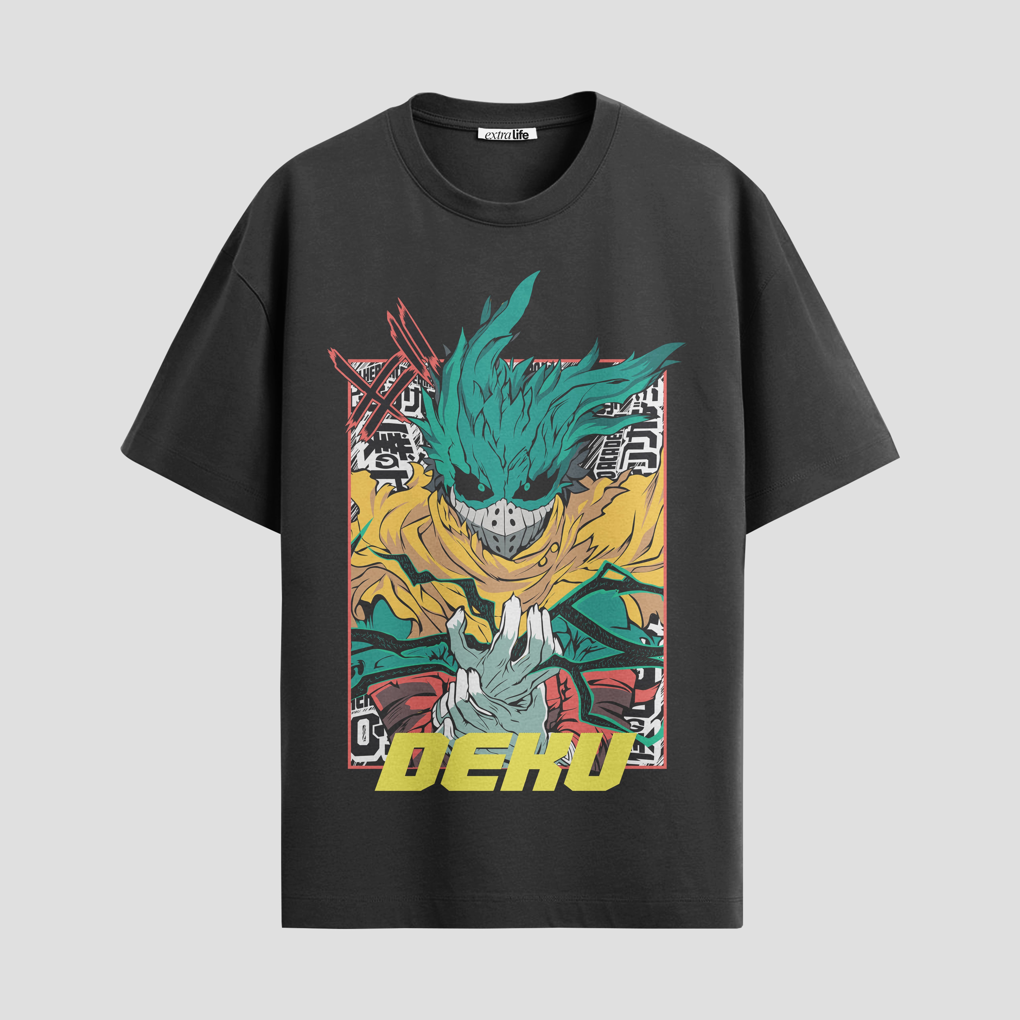 Playera urbana de anime y gaming ExtraLife MX, corte Standard Fit unisex ligero y transpirable en color Deep Black y Pure White, ropa de uso diario para gym y casual.
