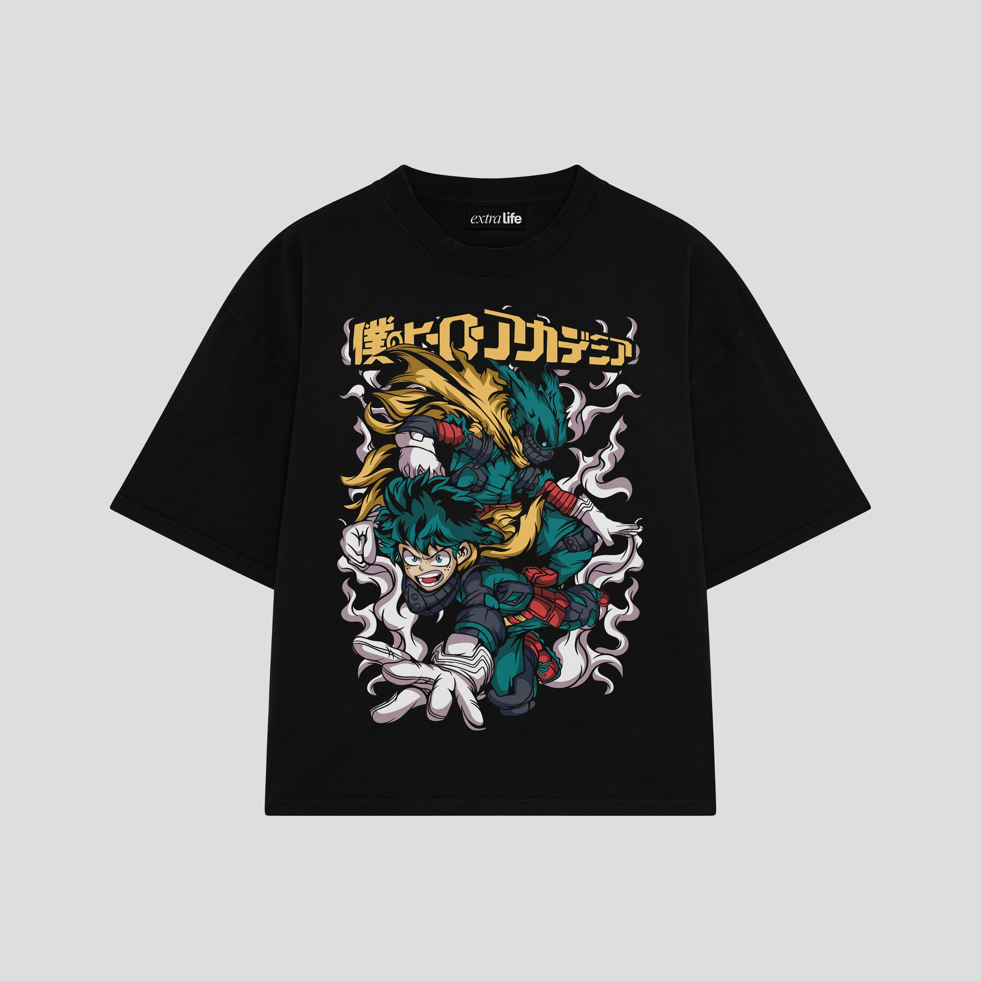 Playera streetwear premium de anime y gaming ExtraLife MX, corte boxy oversized drop shoulder heavyweight en color Deep Black y Off-White, moda urbana mexicana de culto.
