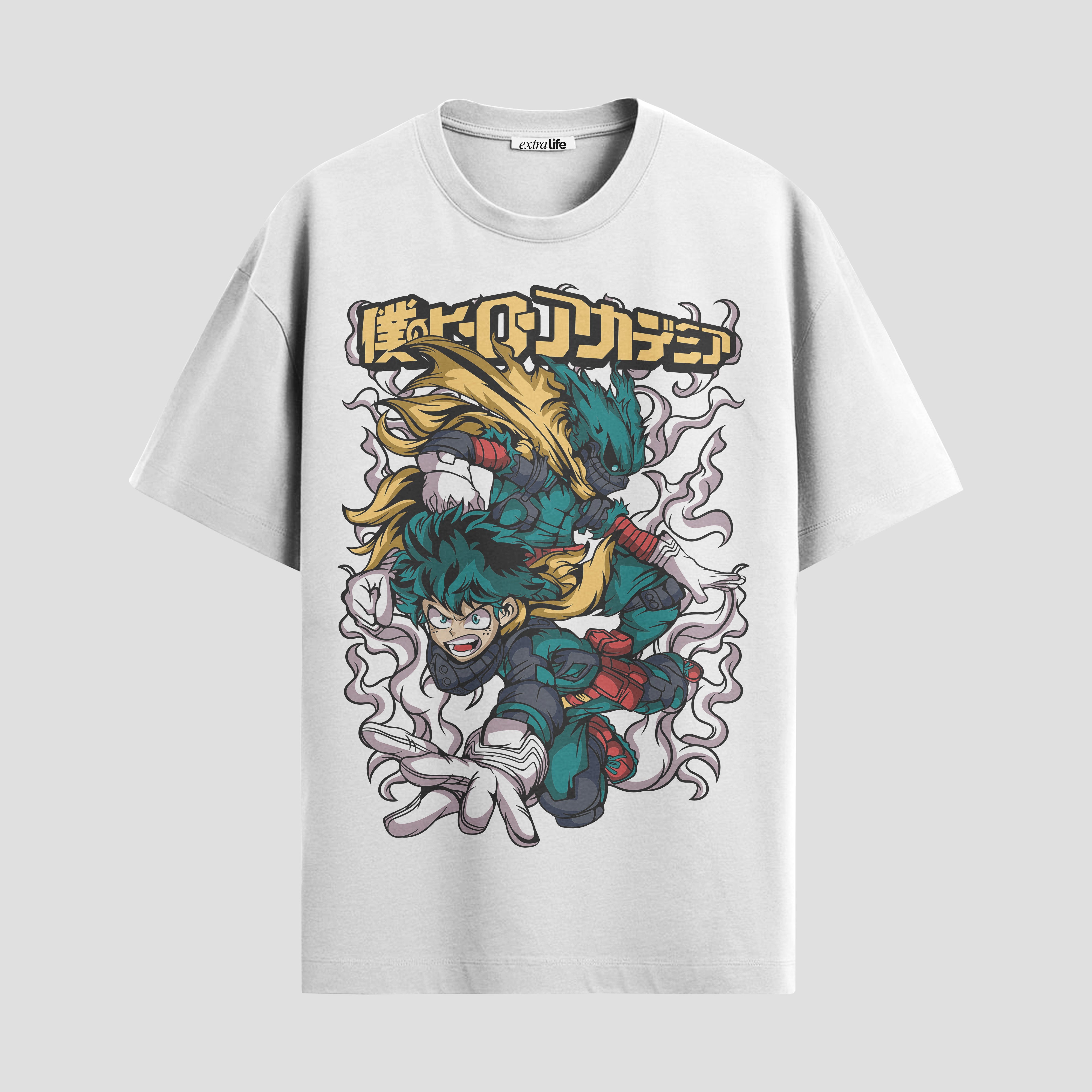 Playera urbana de anime y gaming ExtraLife MX, corte Standard Fit unisex ligero y transpirable en color Deep Black y Pure White, ropa de uso diario para gym y casual.