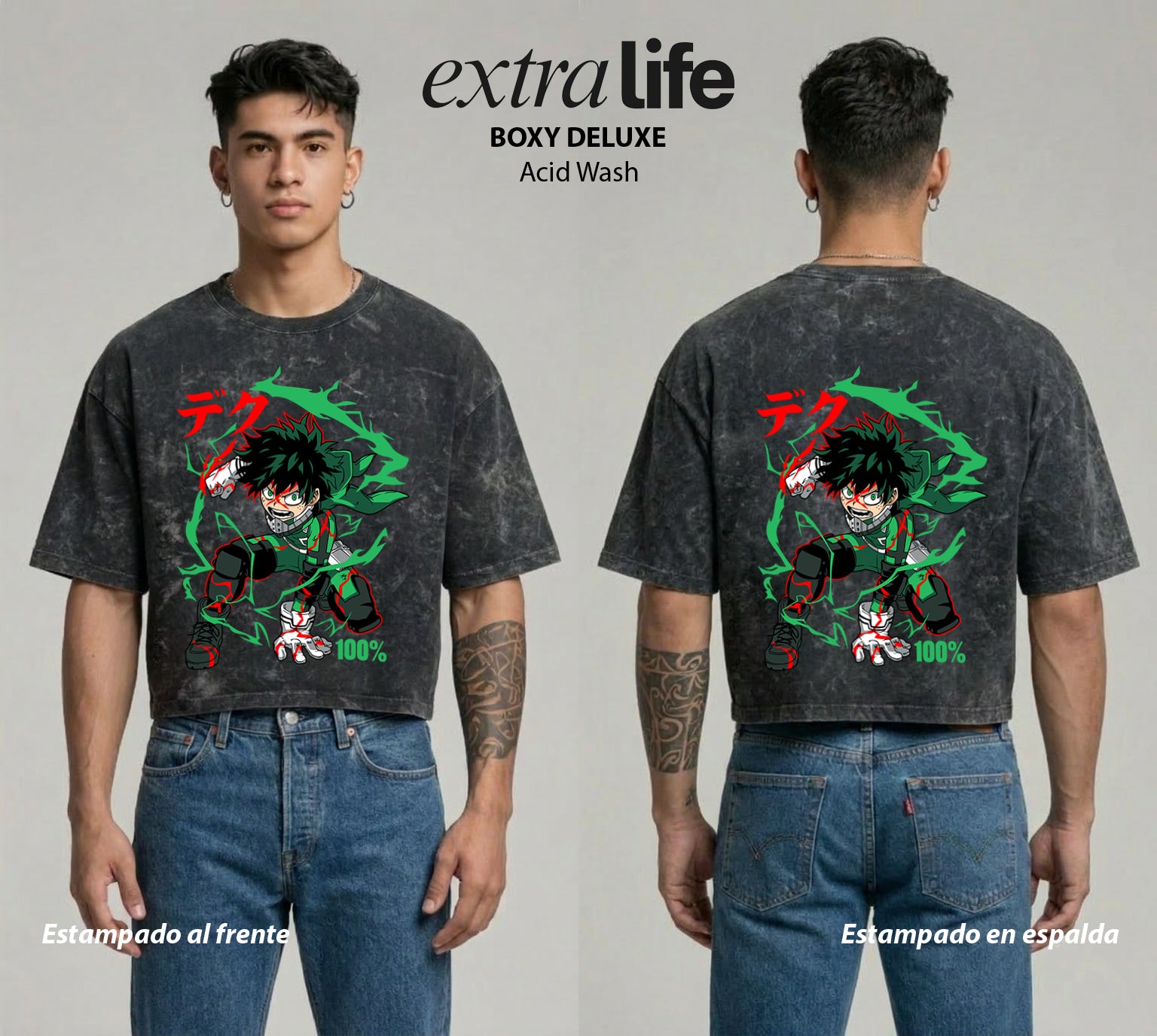 Playera streetwear premium de anime y gaming ExtraLife MX, corte boxy deluxe mineral wash heavyweight en color Acid Wash, moda urbana mexicana de culto.
